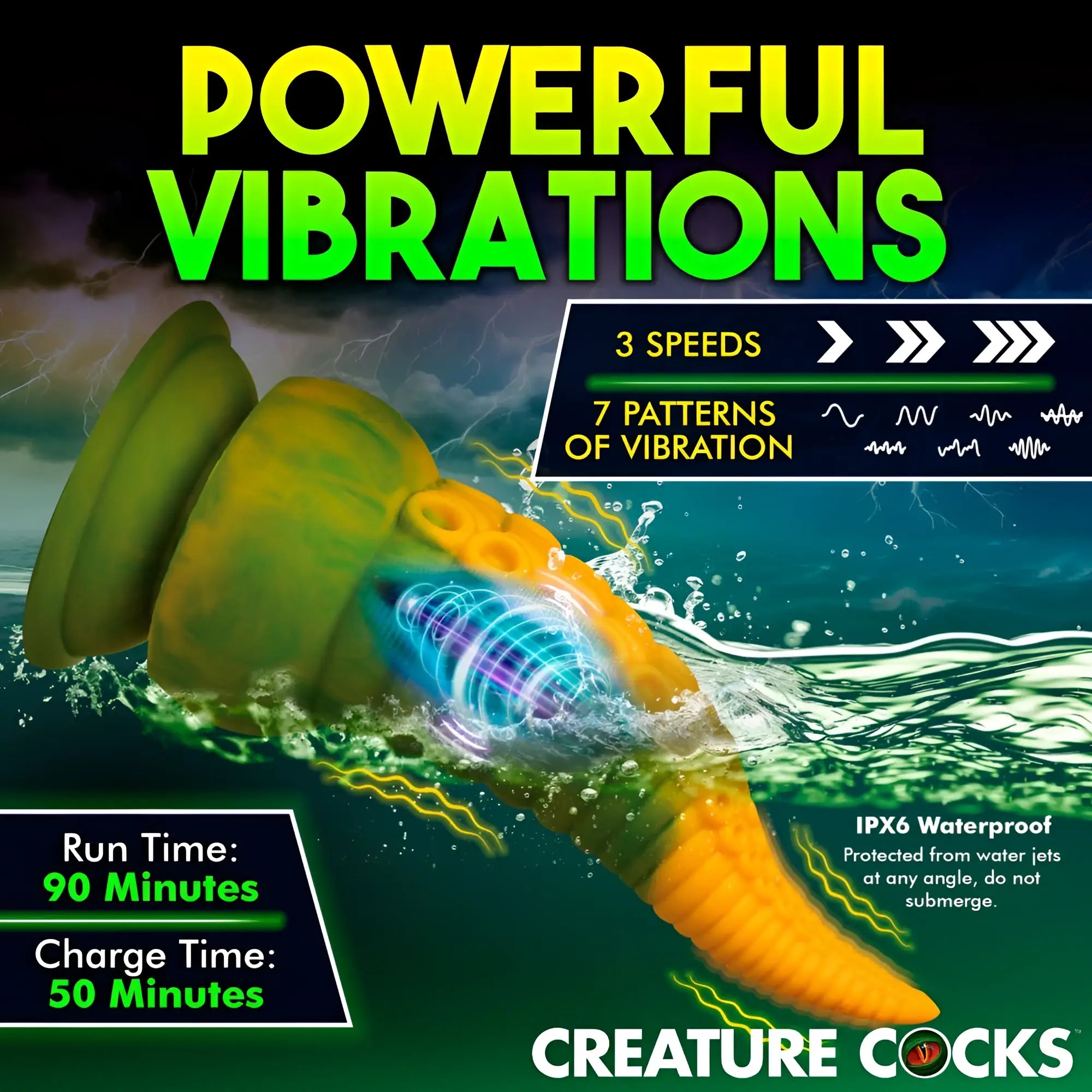 Creature Cocks Monstropus 2.0: A green and orange silicone tentacle dildo, vibrating in water with 3 speeds and 7 modes.