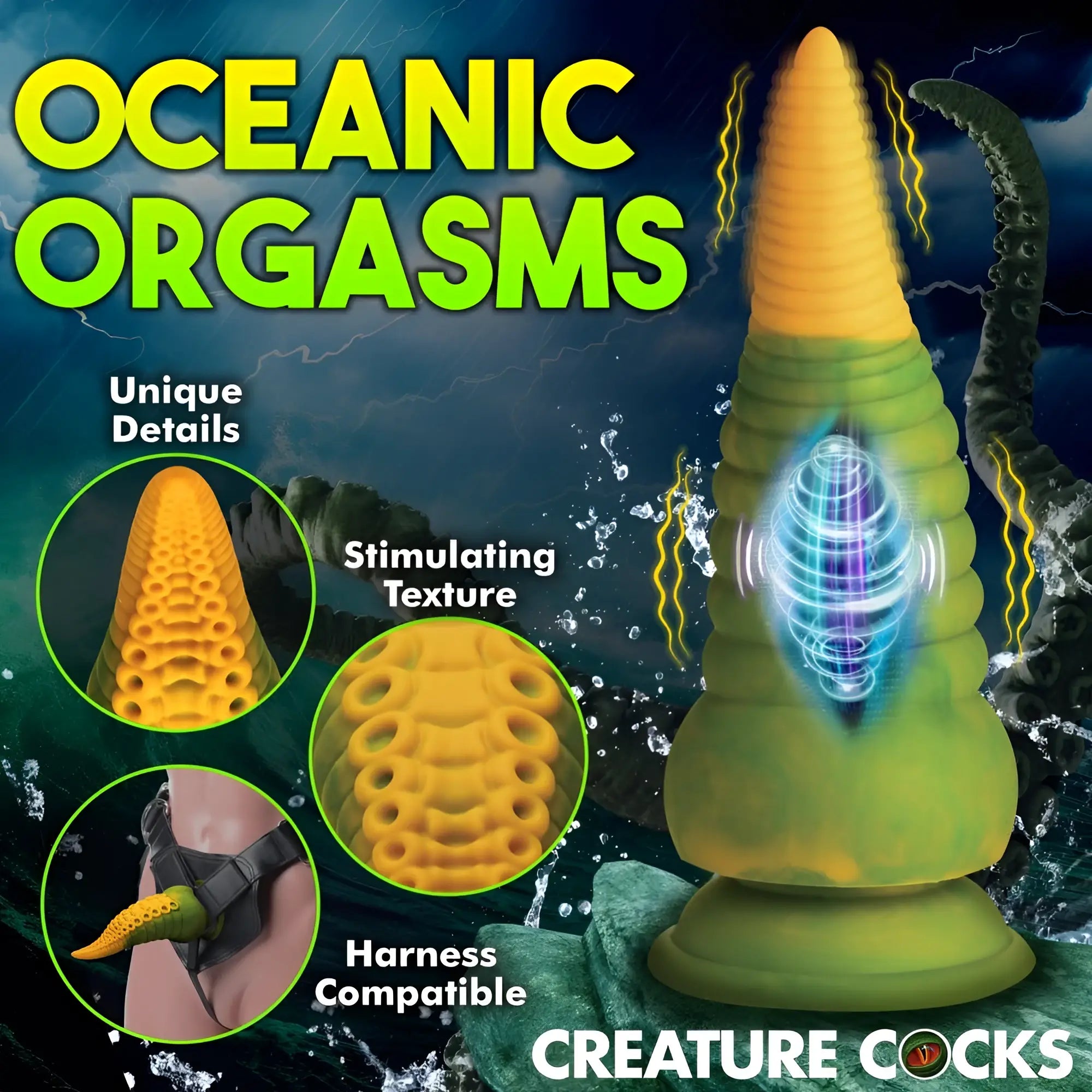 Creature Cocks Monstropus 2.0: A green and yellow, tentacle-shaped vibrating silicone dildo with a textured surface.