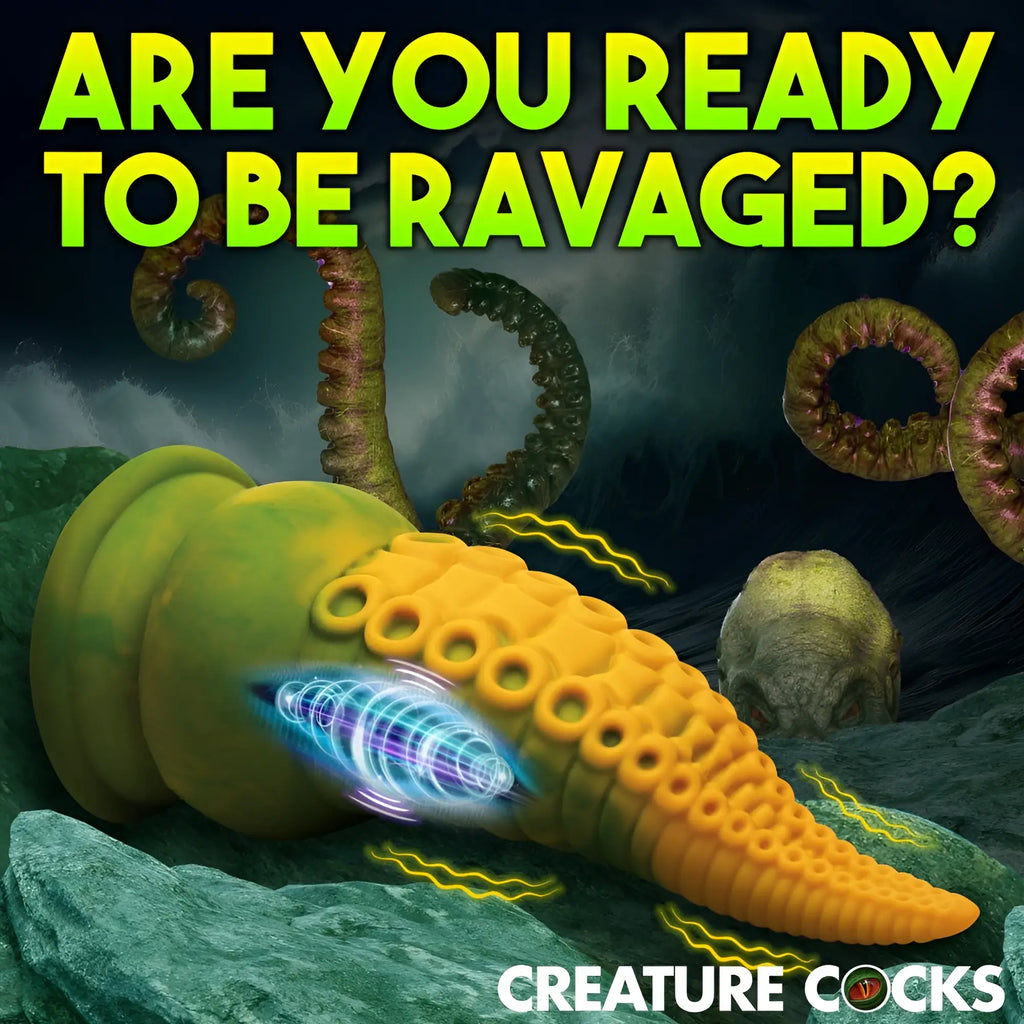 Creature Cocks Monstropus 2.0: Yellow, tentacle-style silicone vibrator shown against a stormy, sea-creature background.