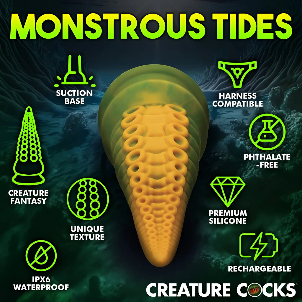 Creature Cocks Monstropus 2.0: yellow, tentacle-styled vibrating silicone dildo with suction base on underwater background.