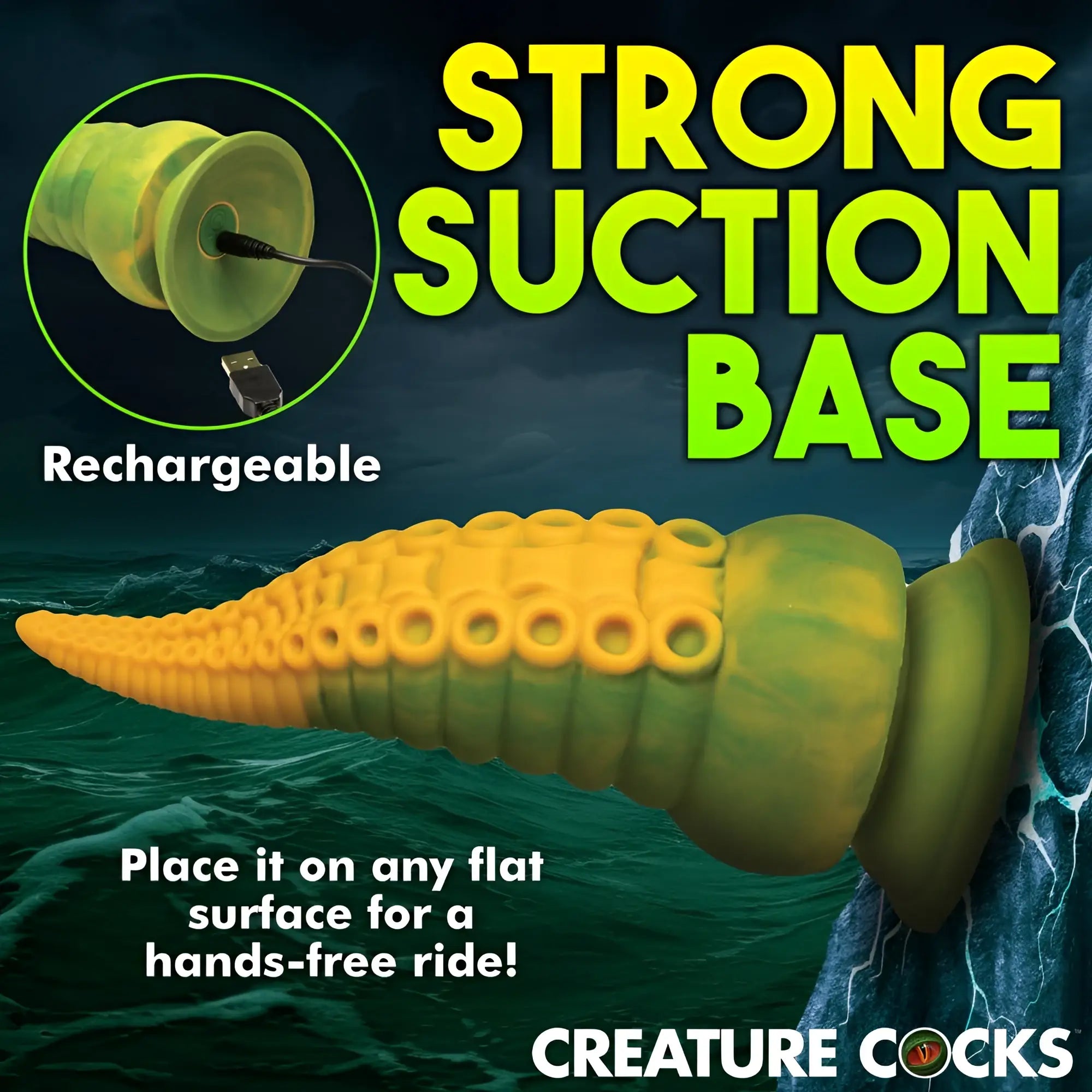 Creature Cocks Monstropus 2.0: yellow-green silicone tentacle dildo with a rechargeable suction cup base.