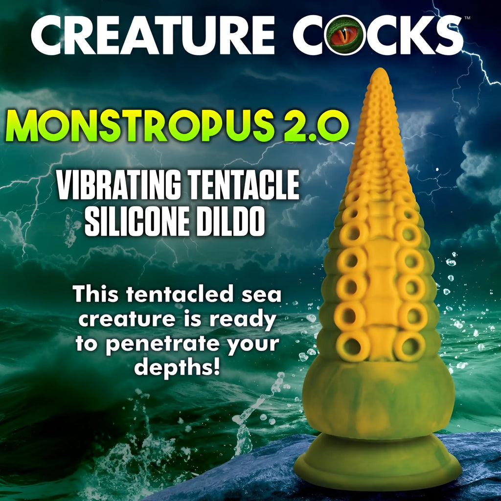 Creature Cocks Monstropus 2.0: A yellow-green silicone tentacle dildo with realistic suction cups on a suction base.