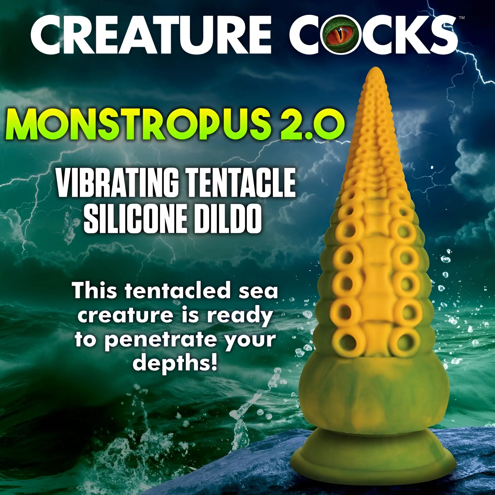 Creature Cocks Monstropus 2.0: A yellow-green silicone tentacle dildo with realistic suction cups on a suction base.