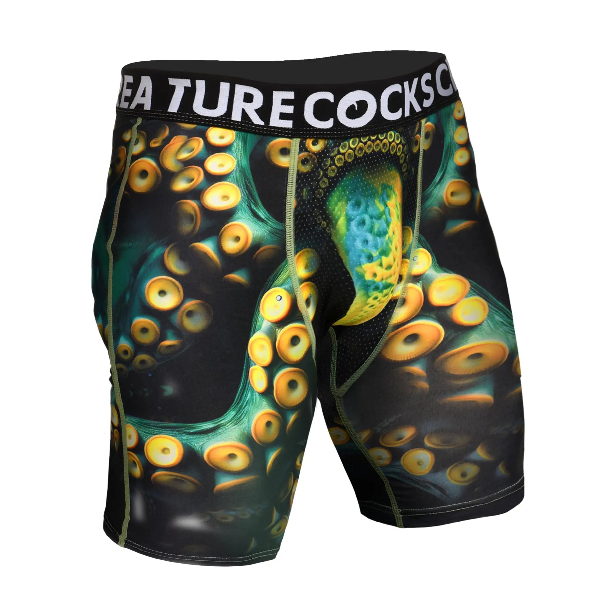 Creature Cocks Monstropus boxer briefs featuring a dark green, tentacled monster print with yellow suckers.