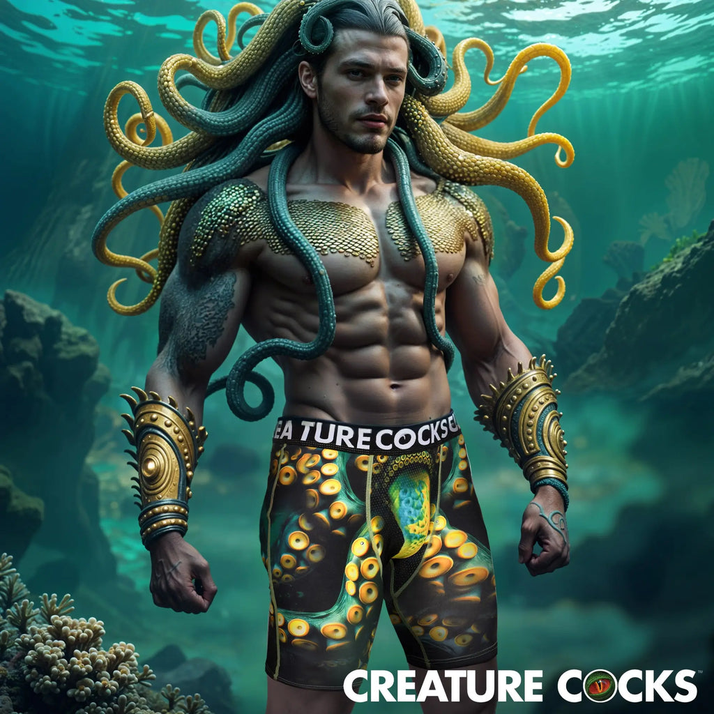 Creature Cocks Monstropus boxer briefs featuring a yellow and green tentacle print on a muscular man in an ocean setting.