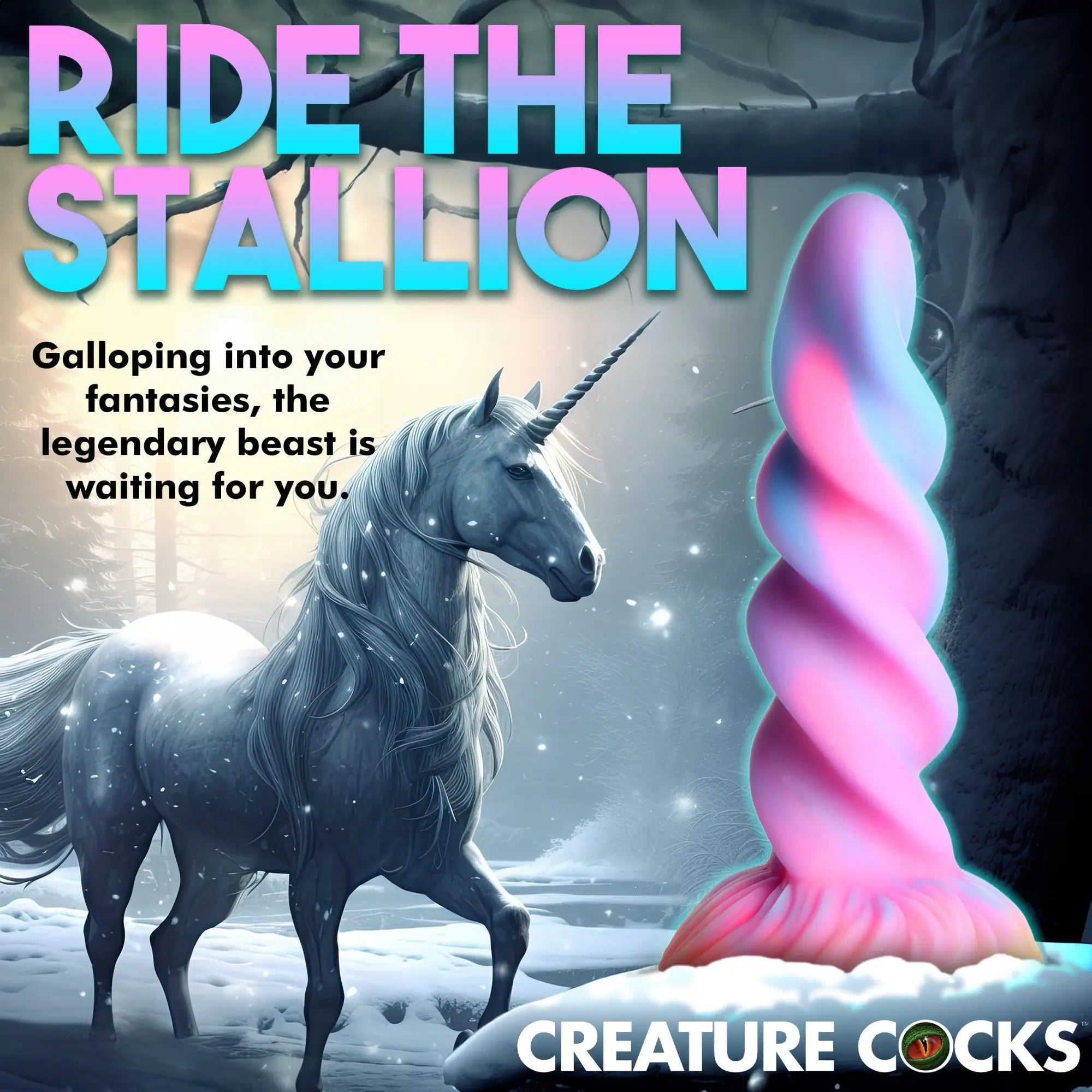 Creature Cocks Moon Rider glow-in-the-dark unicorn dildo: a pink and blue spiral toy next to a majestic unicorn.