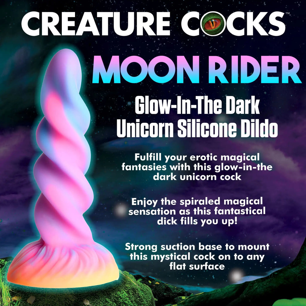 Creature Cocks Moon Rider: A pink and blue, spiraled glow-in-the-dark silicone unicorn dildo with a suction base.