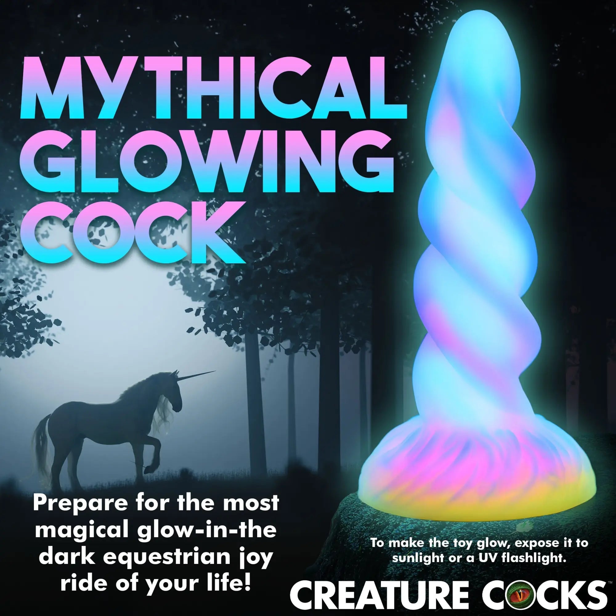 Creature Cocks Moon Rider glow-in-the-dark unicorn dildo, a spiraled blue and pink toy standing in a misty forest.