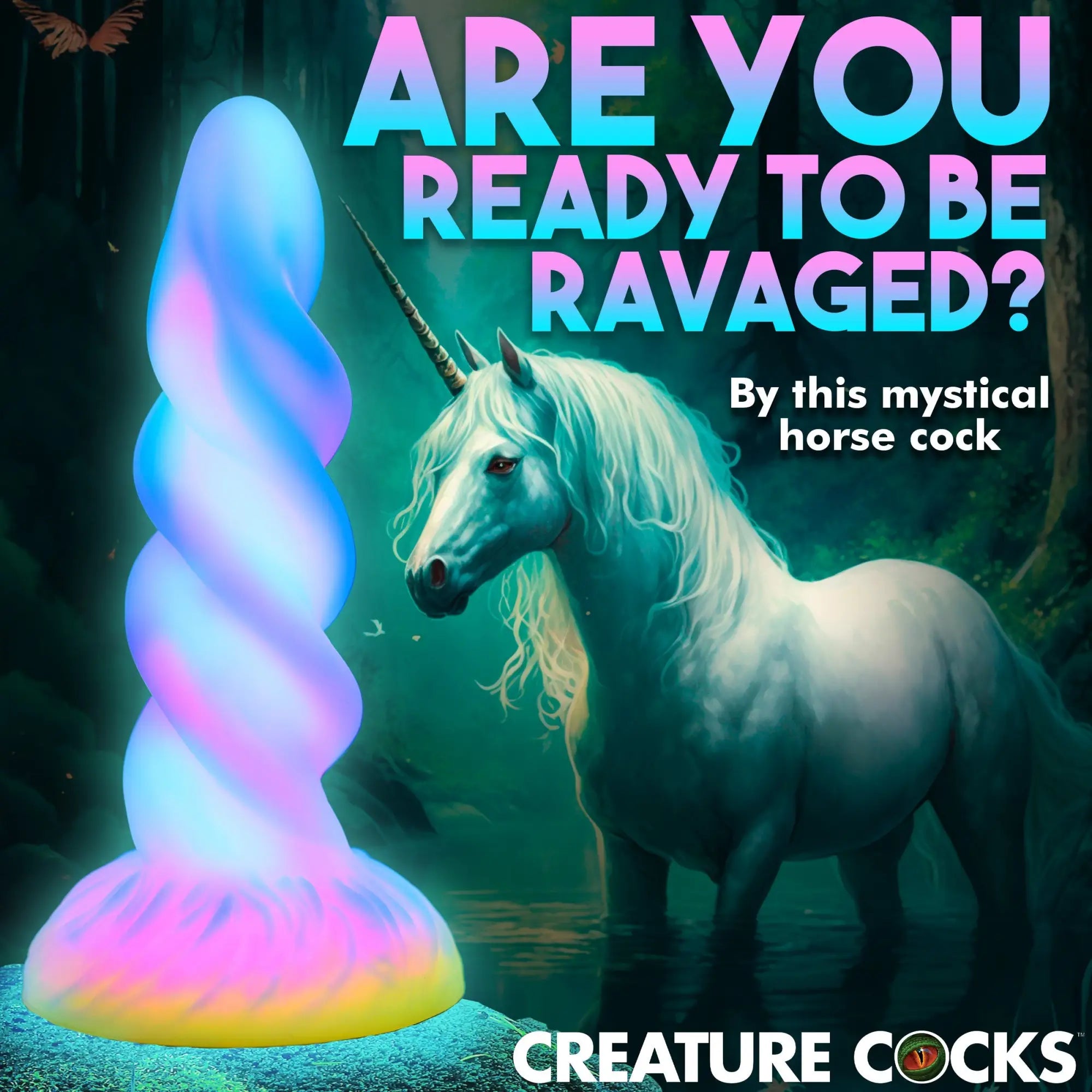 A glowing, iridescent, spiral-shaped silicone toy stands before a white unicorn in a dark, mystical forest setting.