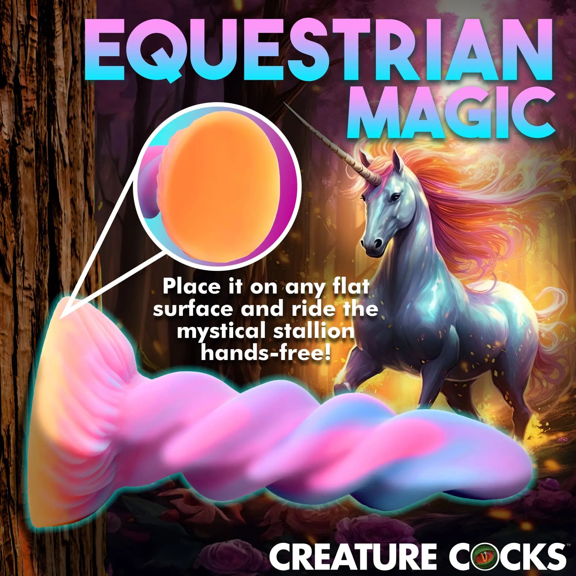 Creature Cocks Moon Rider glow-in-the-dark unicorn dildo with a swirled pink and blue design and a flat suction base.
