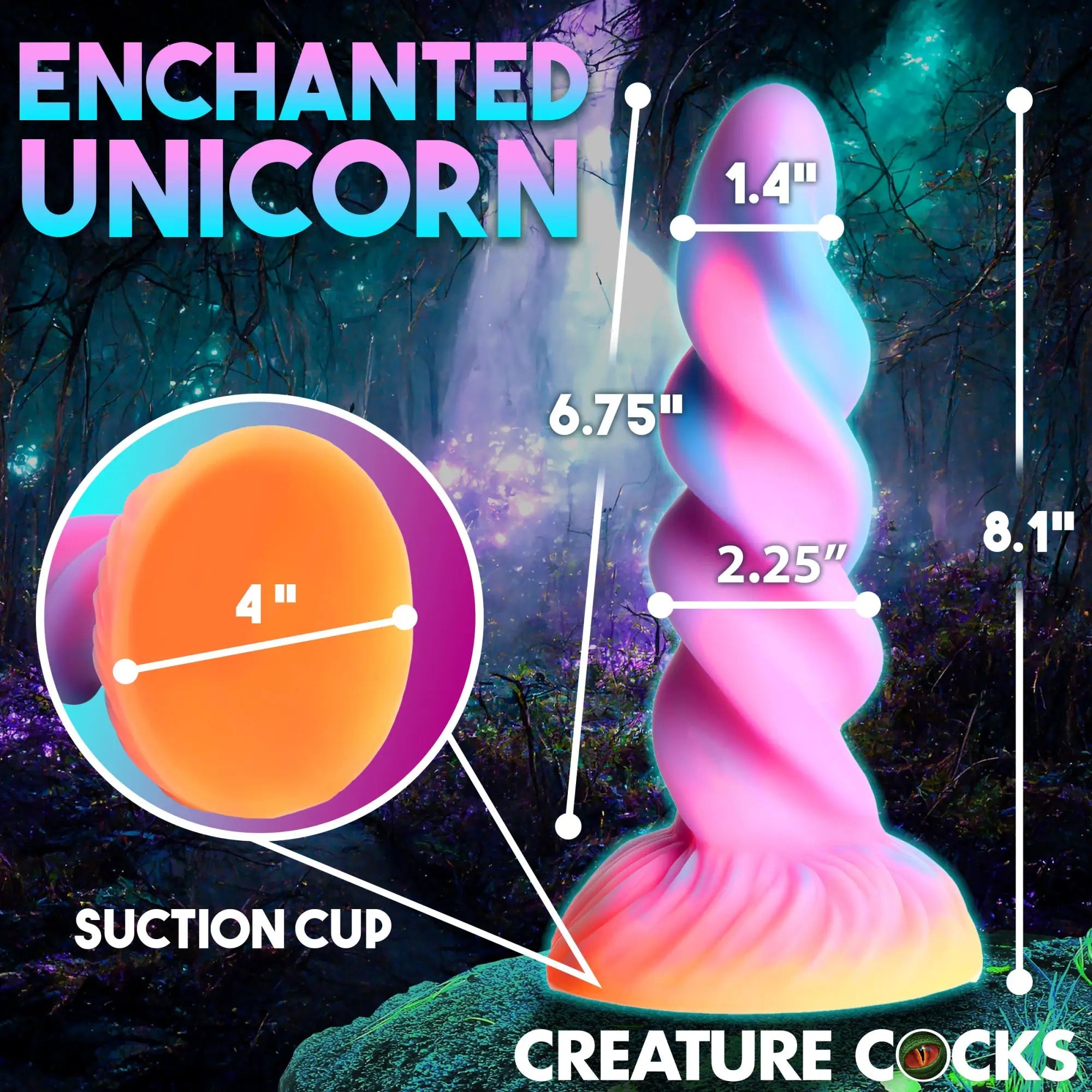 Creature Cocks Moon Rider: A pink and blue spiral unicorn dildo with a large orange suction cup base, showing dimensions.