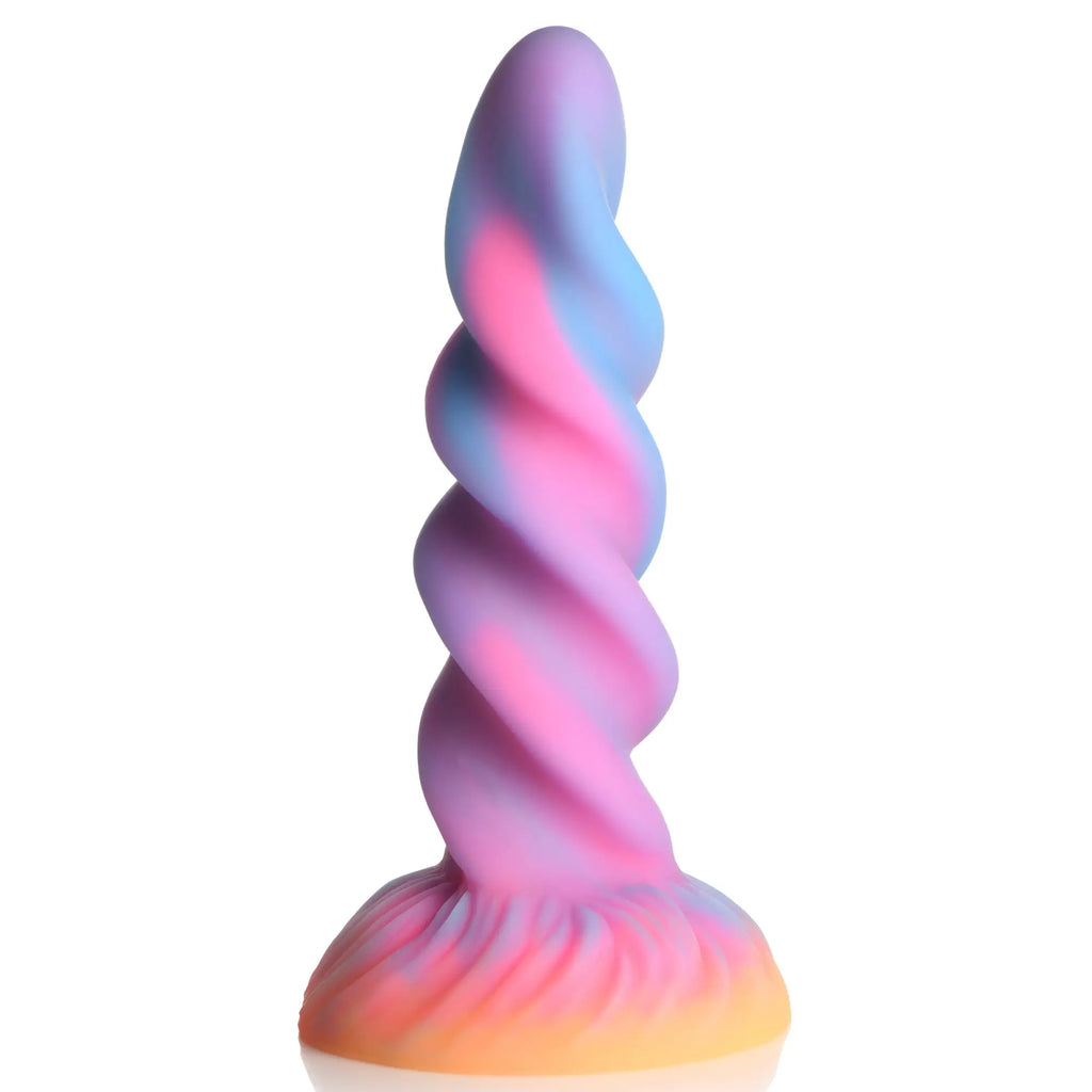 Creature Cocks Moon Rider: A spiral-textured, glow-in-the-dark unicorn dildo in a pink, blue, and yellow swirl pattern.