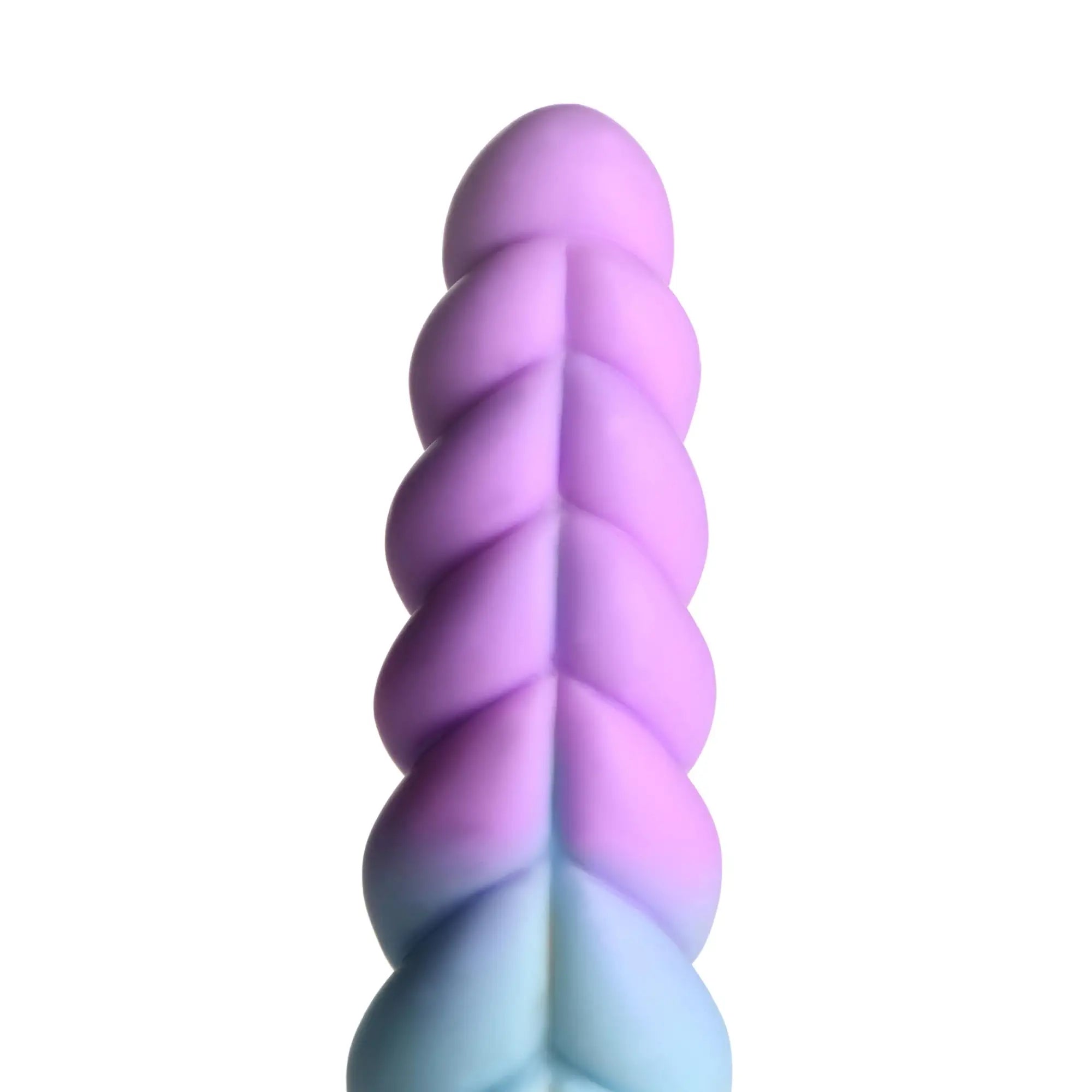 Creature Cocks Mystique silicone dildo in a tapered, ridged unicorn horn style with a purple-to-blue gradient color.