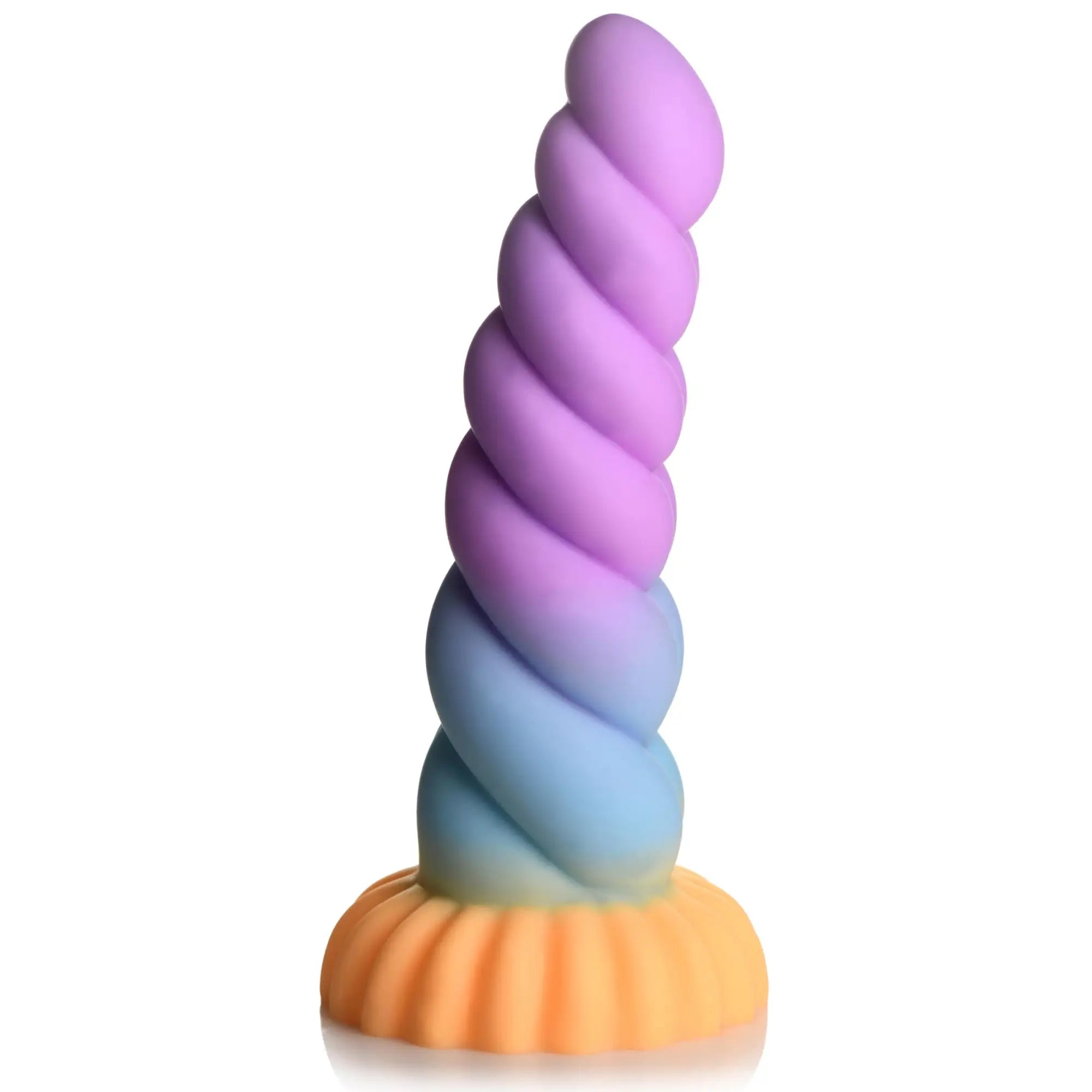 Creature Cocks Mystique silicone unicorn dildo, a spiral horn shape with a purple to blue to orange gradient.