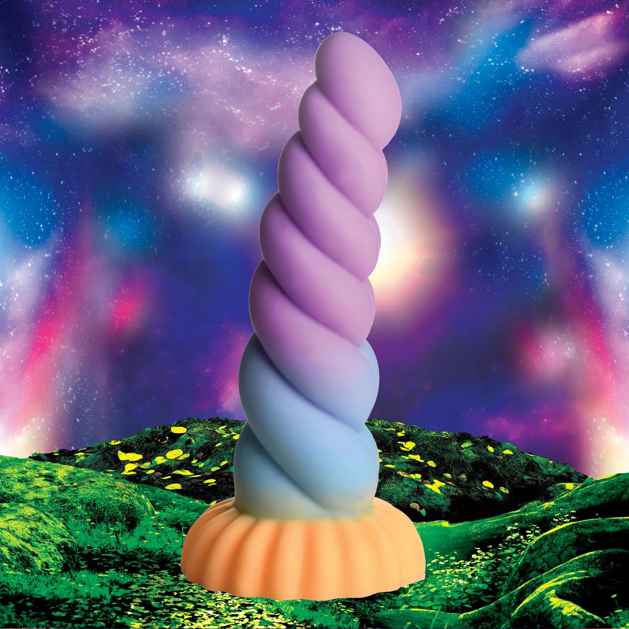 Creature Cocks Mystique silicone unicorn dildo: a twisted, ombre purple-to-blue horn shape with a peach-colored base.