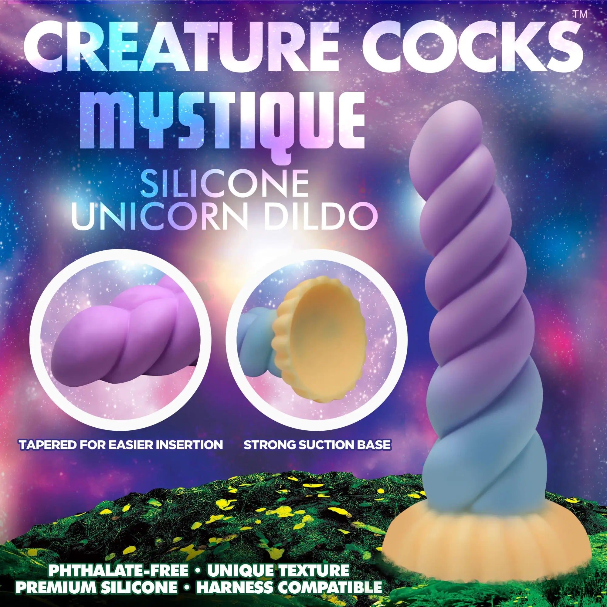 Creature Cocks Mystique purple and blue ombre unicorn dildo with a spiral shape and beige suction base.