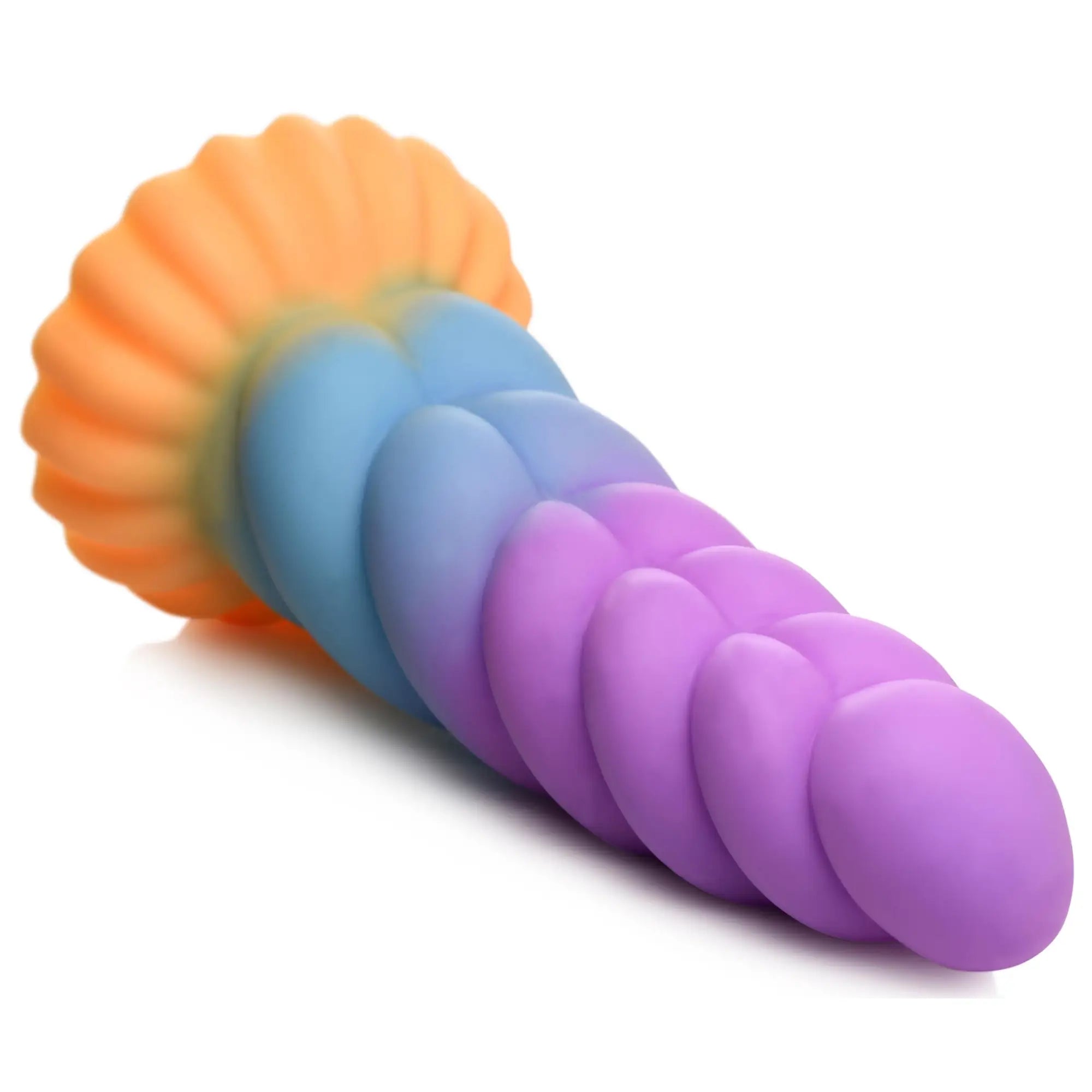 Creature Cocks Mystique silicone unicorn dildo in a gradient of orange, blue, and purple with a fluted base.