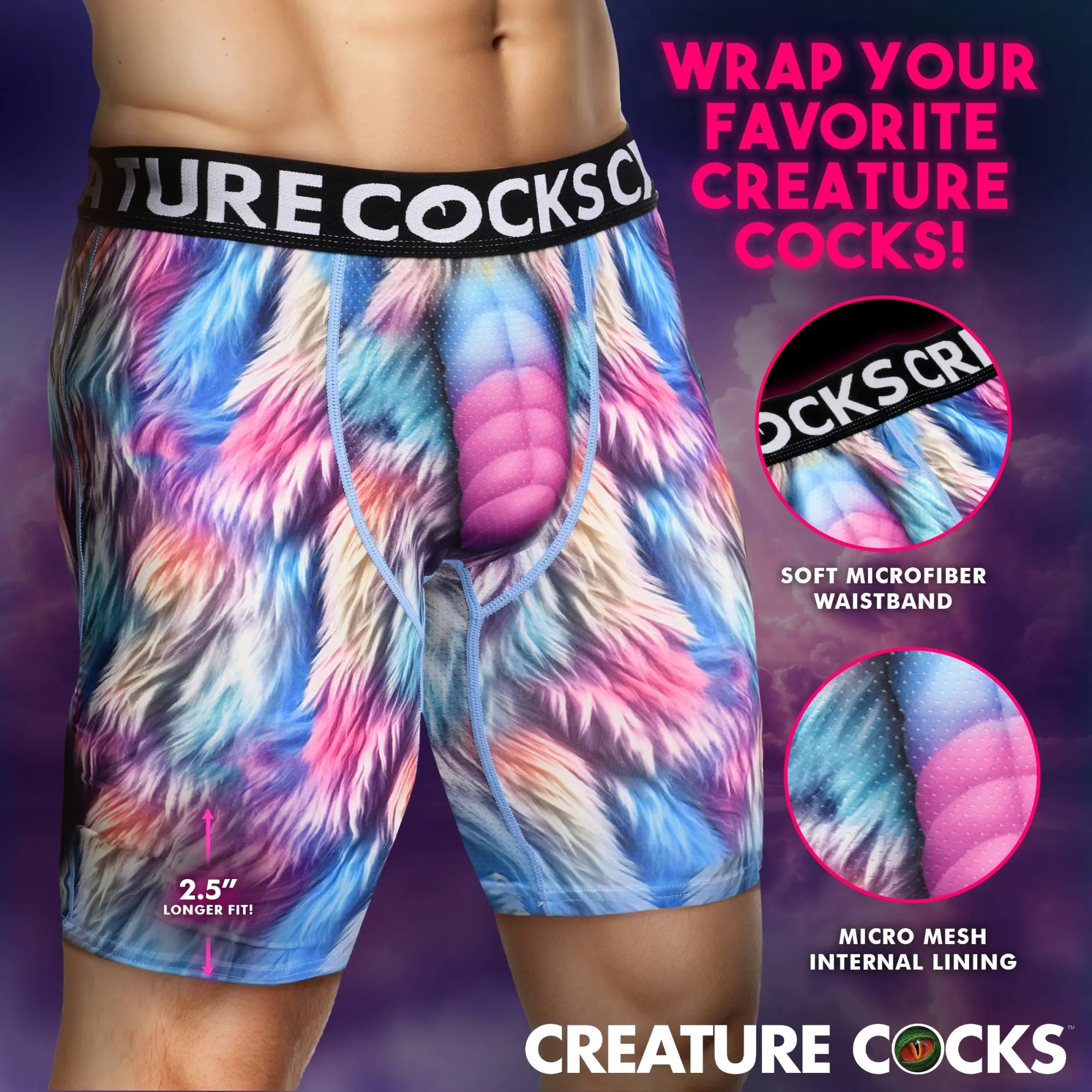 Creature Cocks Mystique Unicorn boxer shorts featuring a colorful faux fur print, logo waistband, and mesh lining.