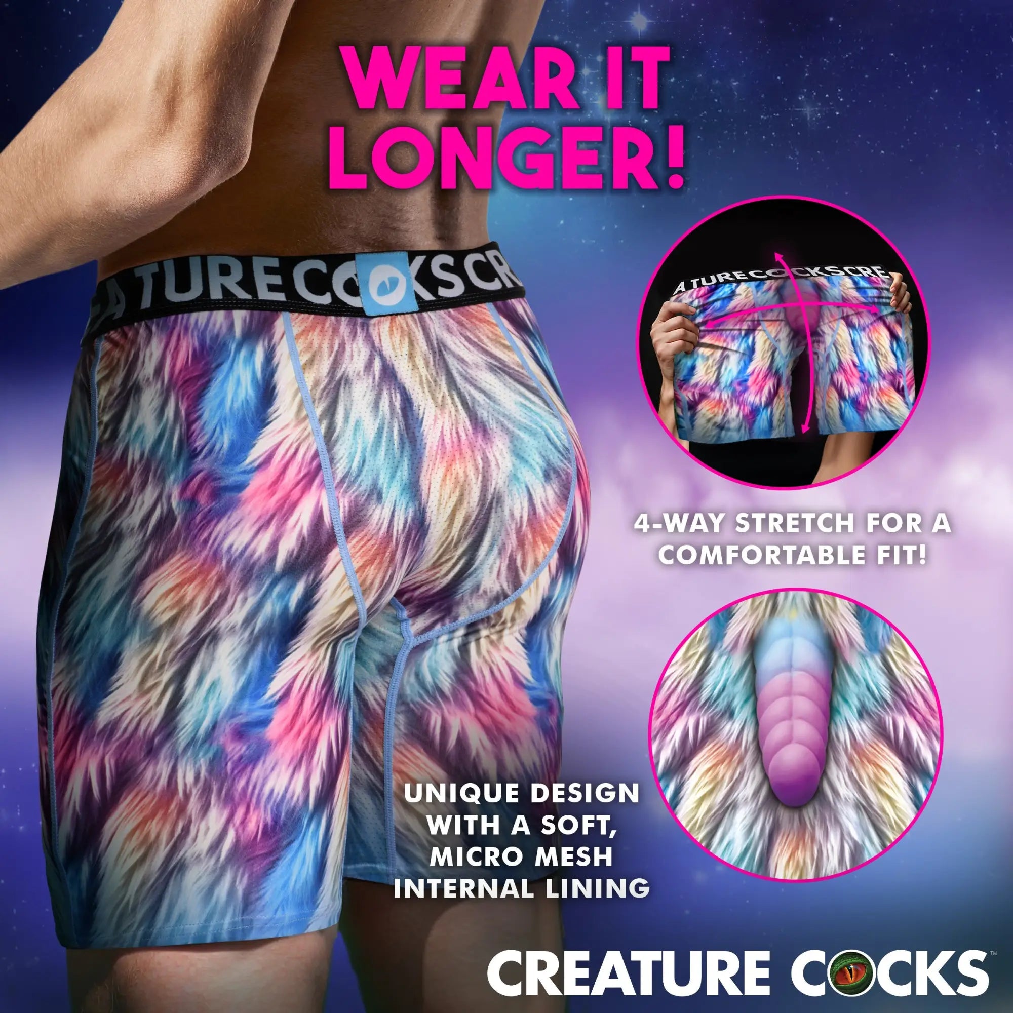 Creature Cocks Mystique Unicorn boxer shorts featuring a colorful, faux-fur print and internal mesh support pouch.