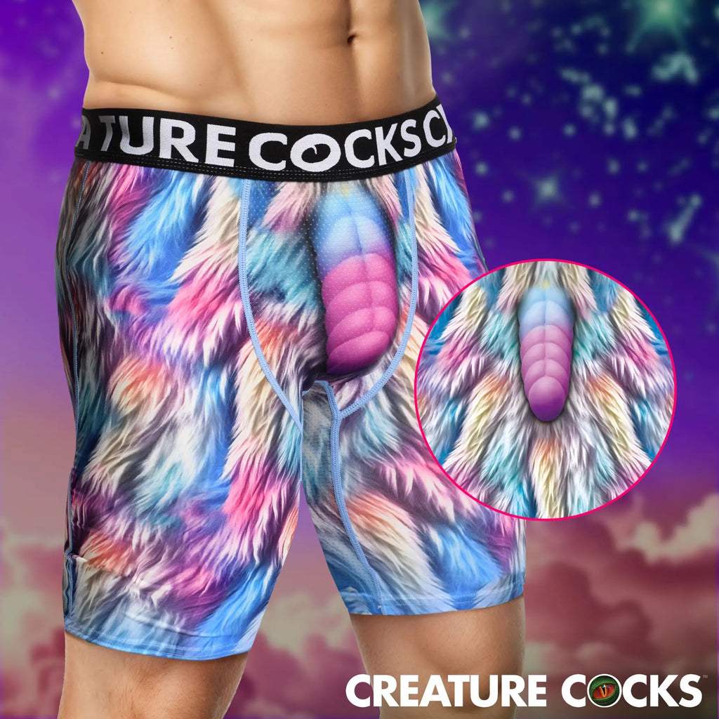 Creature Cocks Mystique Unicorn boxer shorts featuring a colorful fur print and a contoured, sculpted unicorn horn pouch.