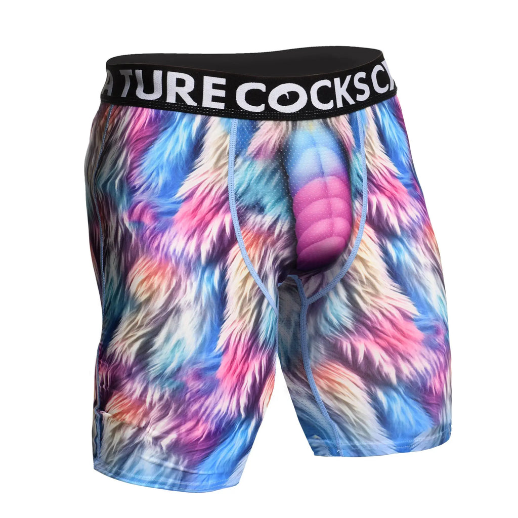Creature Cocks Mystique Unicorn boxer shorts featuring a colorful faux fur print and a contoured front pouch.