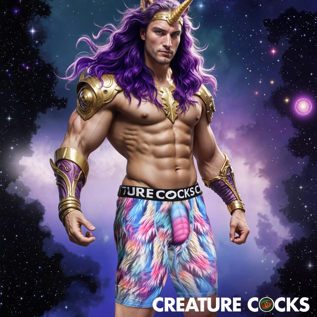 Creature Cocks Mystique Unicorn boxer shorts featuring a colorful faux-fur print on a muscular man in space armor.