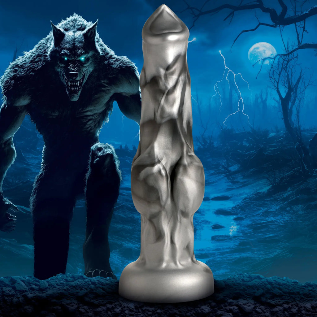 Creature Cocks Night Prowler: A silver, textured silicone dildo standing before a werewolf in a dark, stormy landscape.