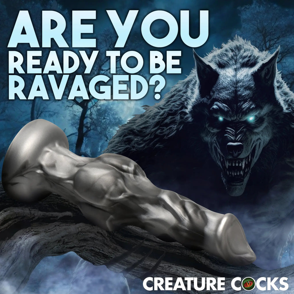 Creature Cocks Night Prowler: A metallic gray, textured, fantasy-style silicone dildo in front of a werewolf graphic.