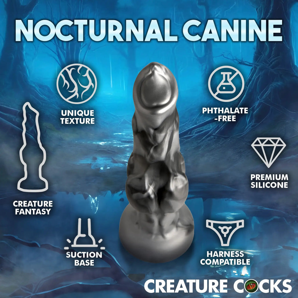 Creature Cocks Night Prowler: A dark gray, textured fantasy-style silicone dildo with a suction base.
