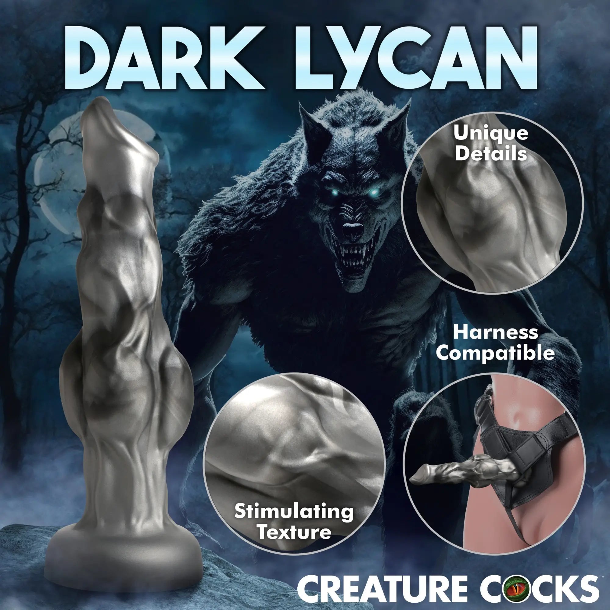 Creature Cocks Night Prowler: A grey, textured werewolf-style silicone dildo shown alone and in a harness.
