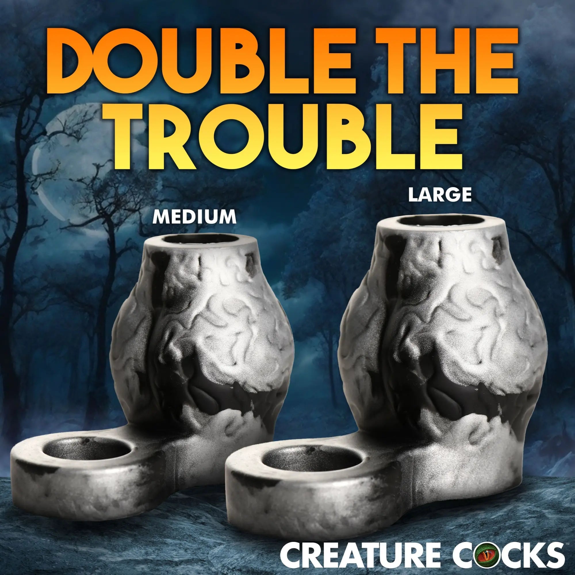 Creature Cocks Night Prowler silicone girth enhancers in Medium and Large, featuring a textured silver and black design.