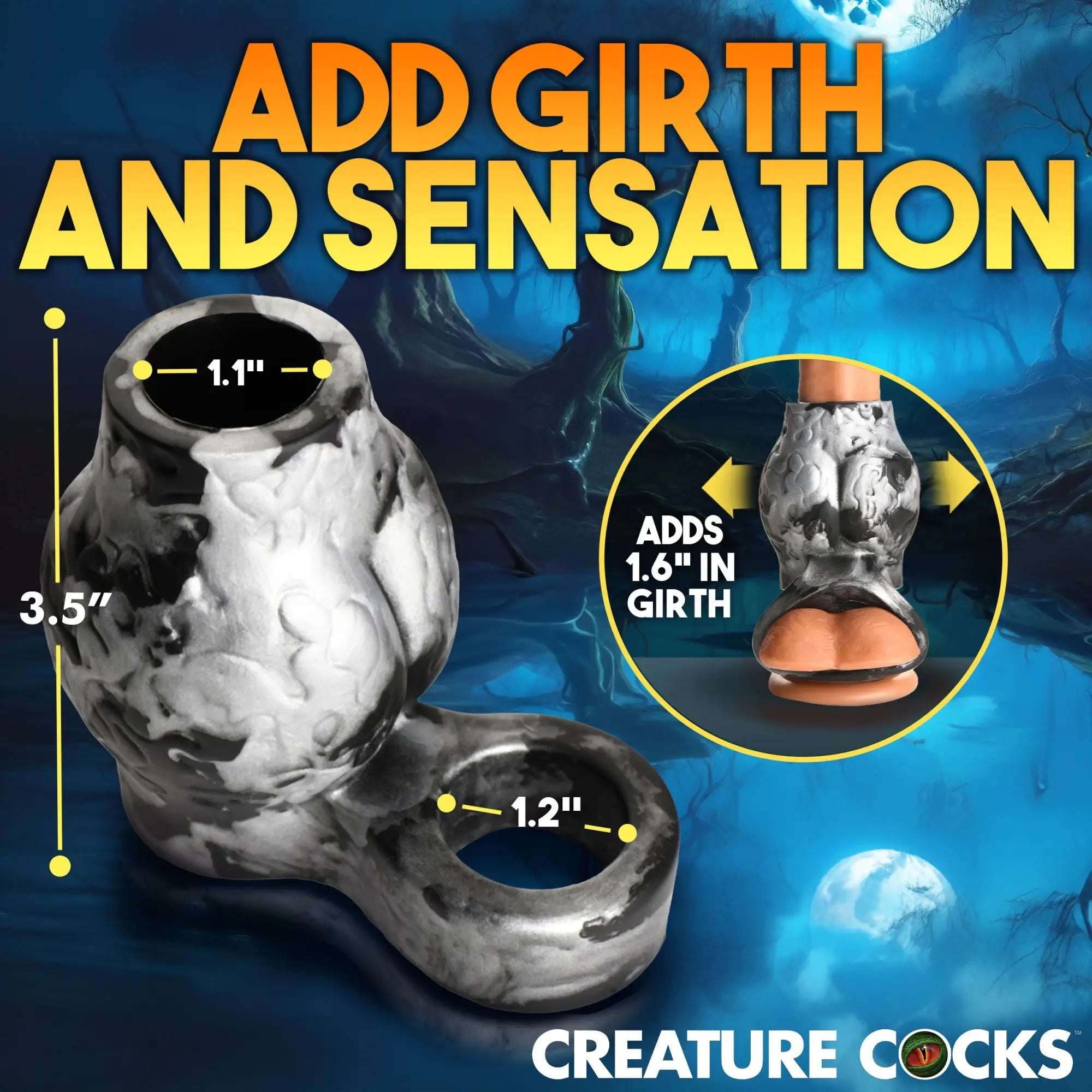 Creature Cocks Night Prowler: Black and white marbled silicone girth enhancer with an integrated ball strap.