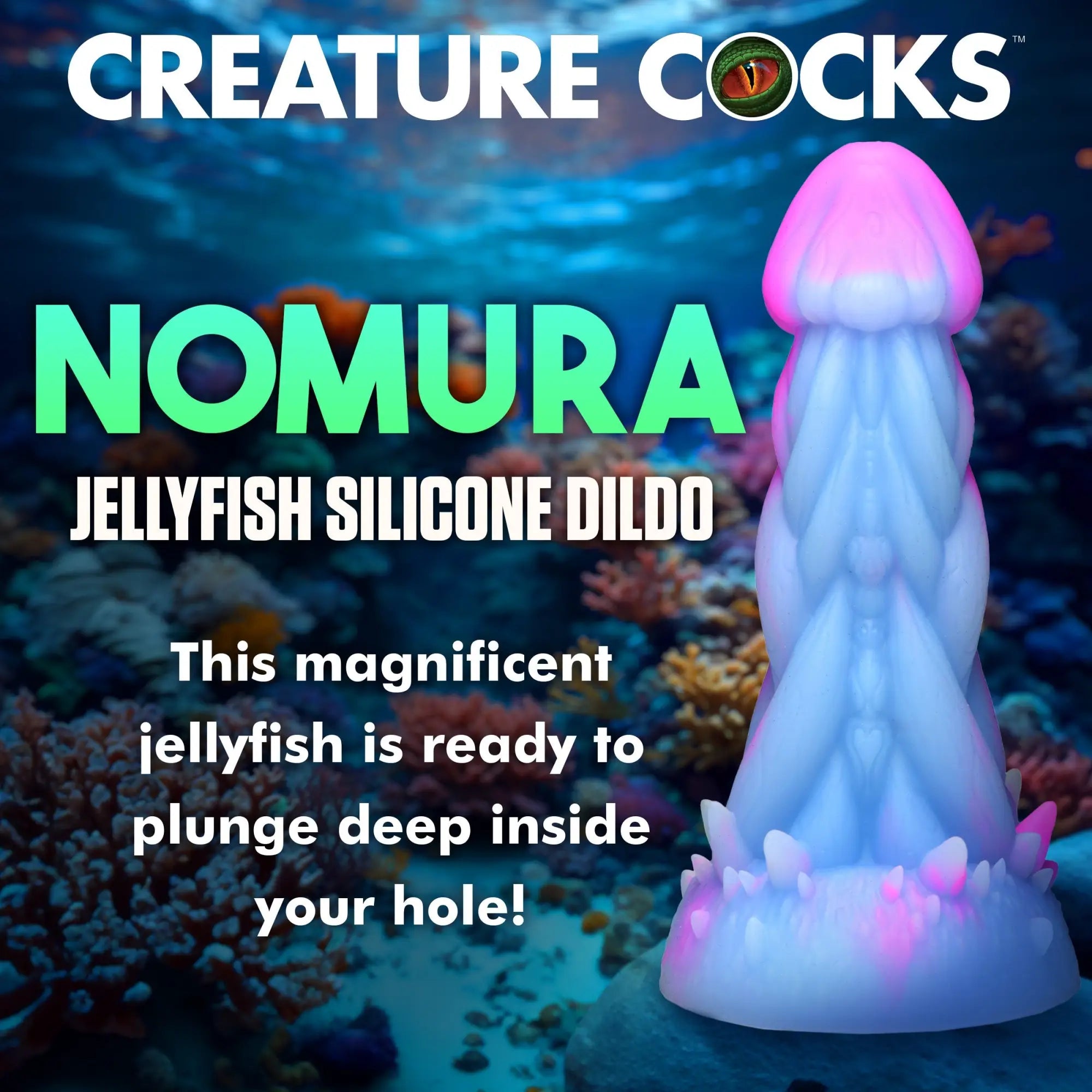 Creature Cocks Nomura jellyfish silicone dildo in blue and pink, shown against an underwater coral reef background.