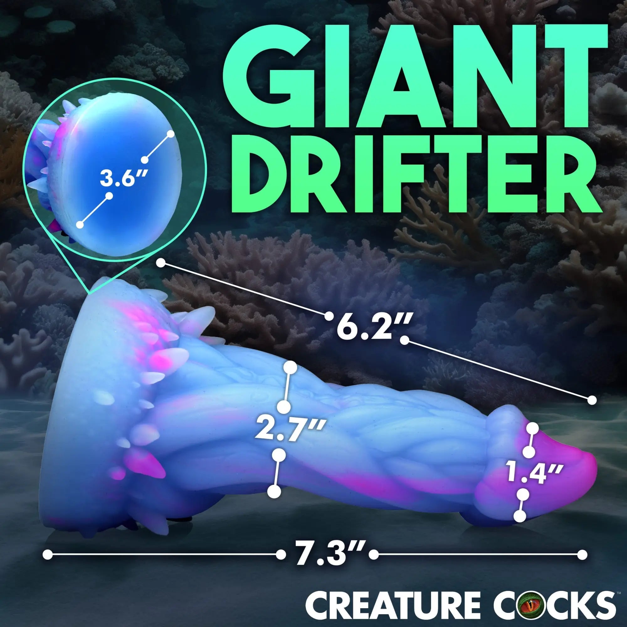 Creature Cocks Nomura Jellyfish dildo in blue and pink silicone, showing dimensions against an underwater background.