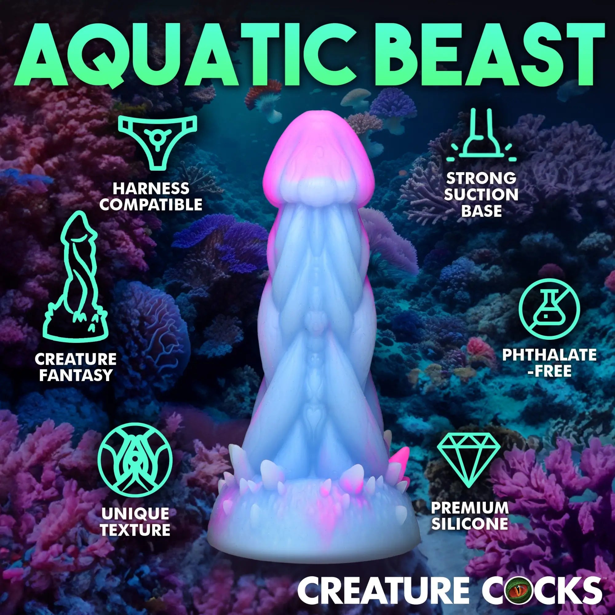 Creature Cocks Nomura Jellyfish dildo in light blue and pink silicone with textured tentacles, set against a coral reef.