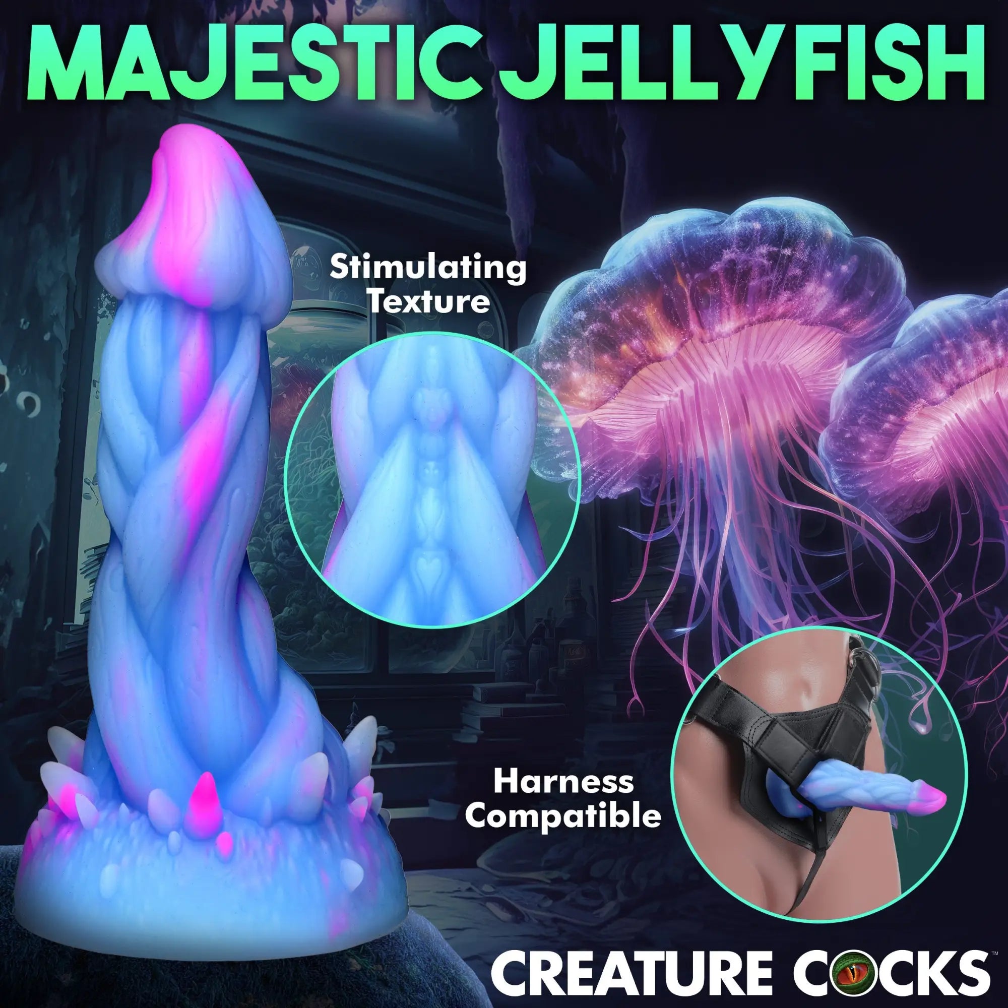 Creature Cocks Nomura Jellyfish dildo: blue and pink silicone with textured tentacles, shown in a harness.