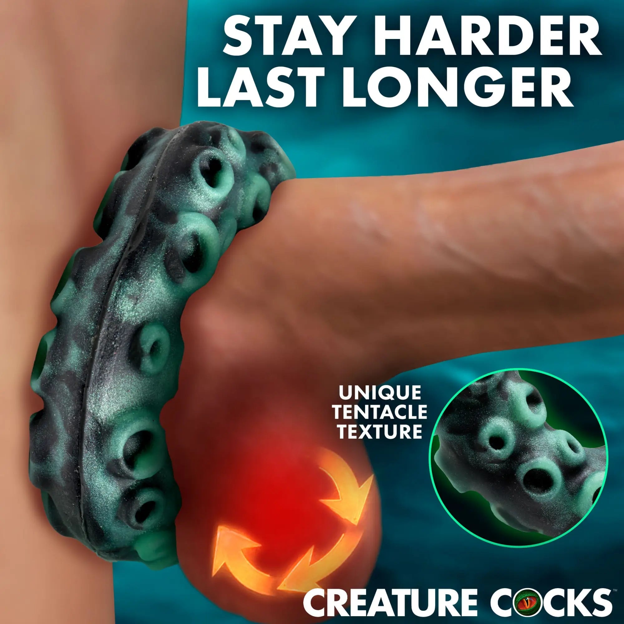 Creature Cocks Octo-Grip silicone cock ring, featuring a black and teal textured tentacle design with suction cups.