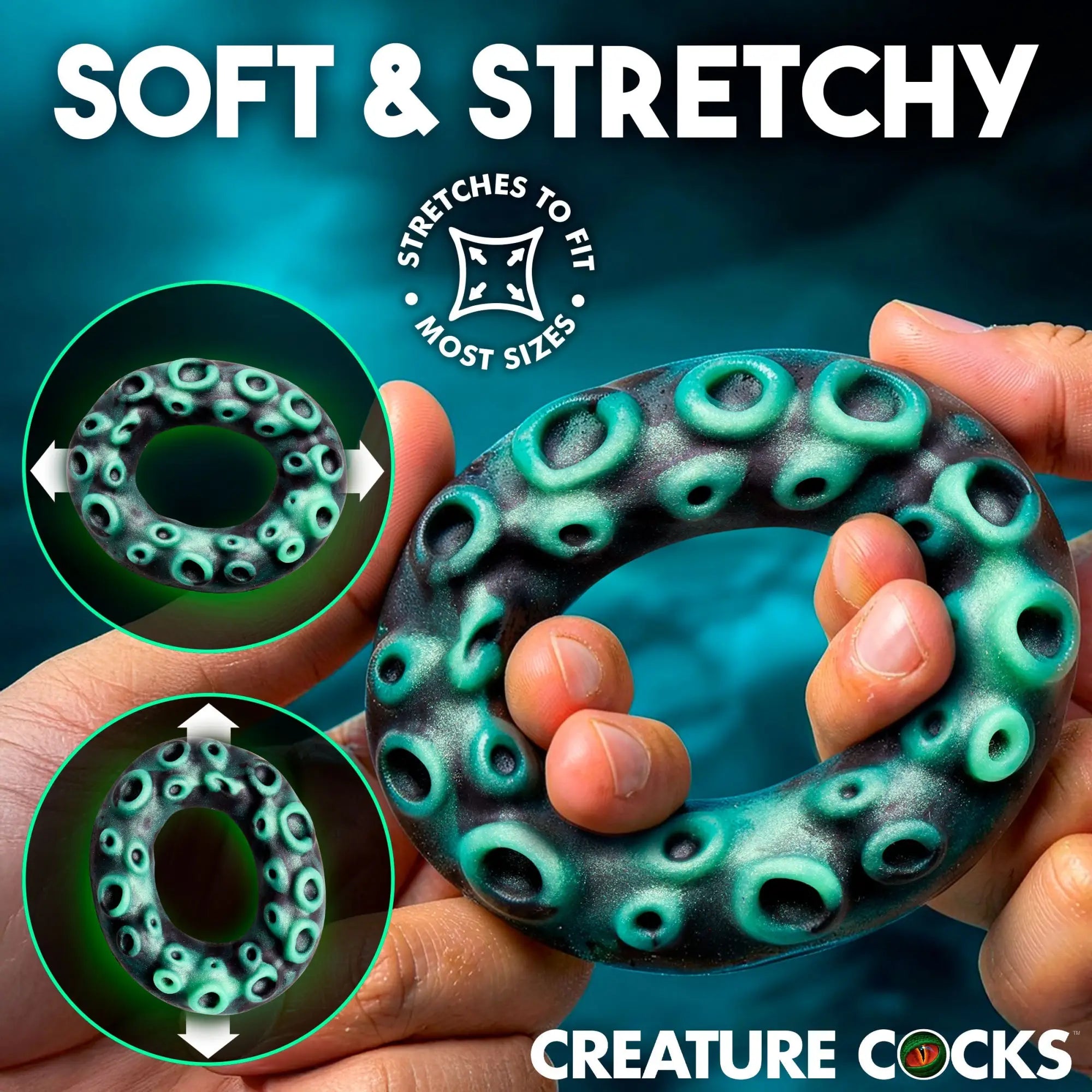 Creature Cocks Octo-Grip silicone ring in black and teal with a textured, octopus-tentacle design being stretched.