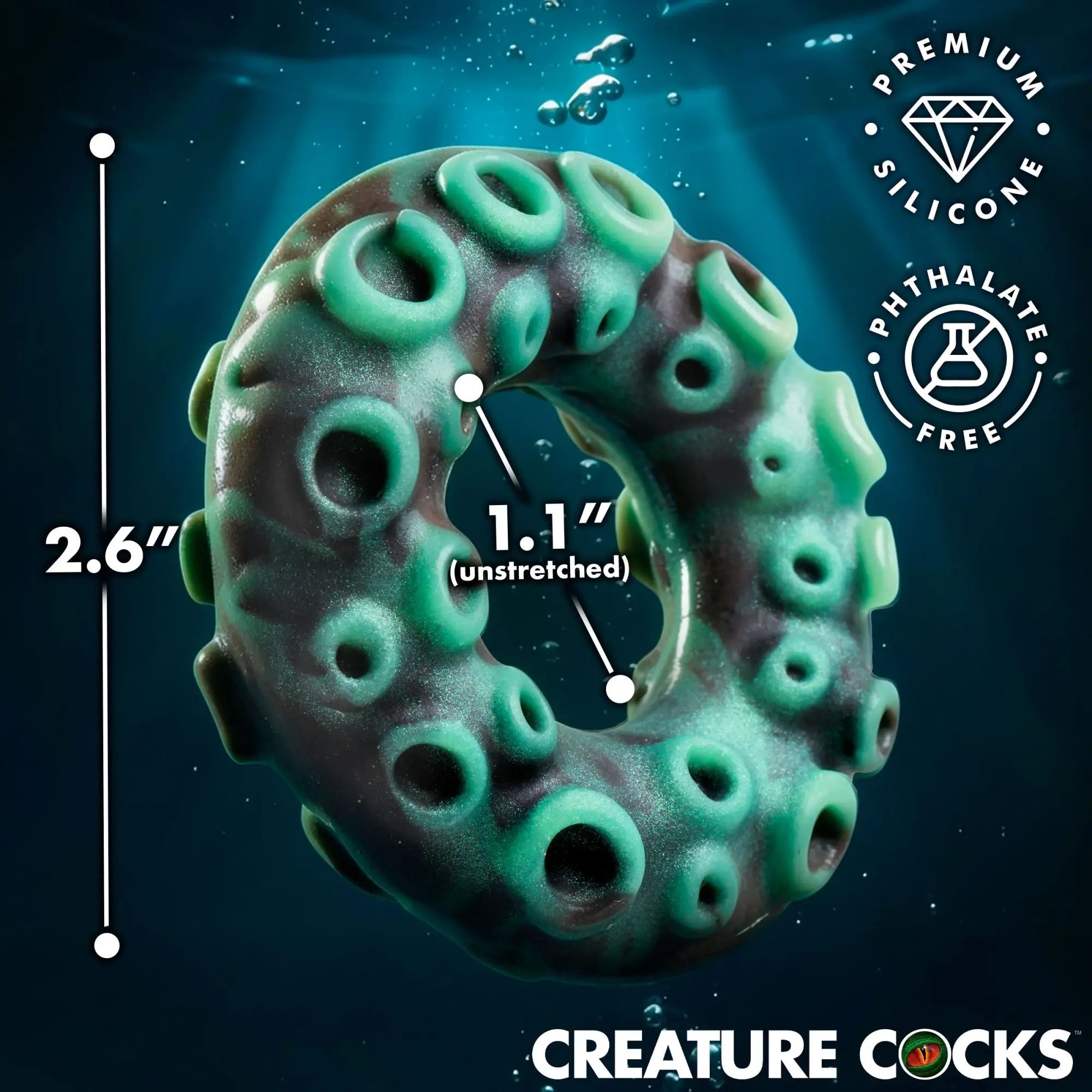Creature Cocks Octo-Grip silicone cock ring in green and black with a textured, octopus-tentacle design and dimensions.