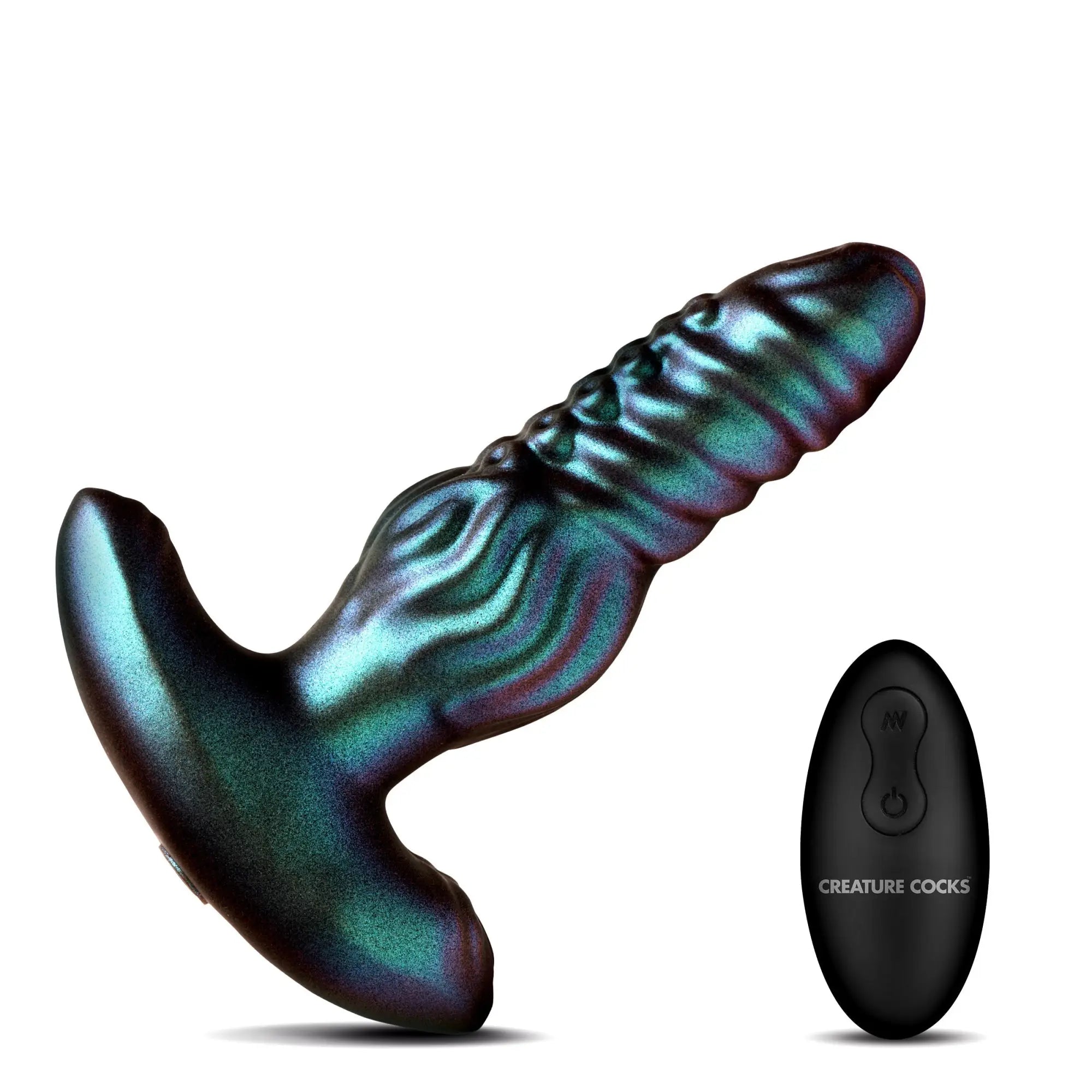 Creature Cocks Octo-Squirm iridescent teal silicone anal plug with textured ridges and a black wireless remote control.