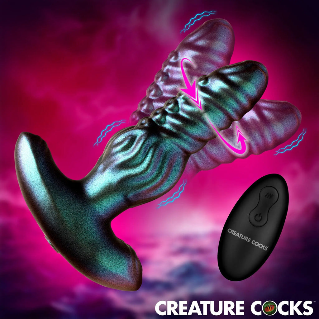 Iridescent, tentacle-styled Creature Cocks Octo-Squirm silicone anal plug with remote on a dark, nebula-themed background.