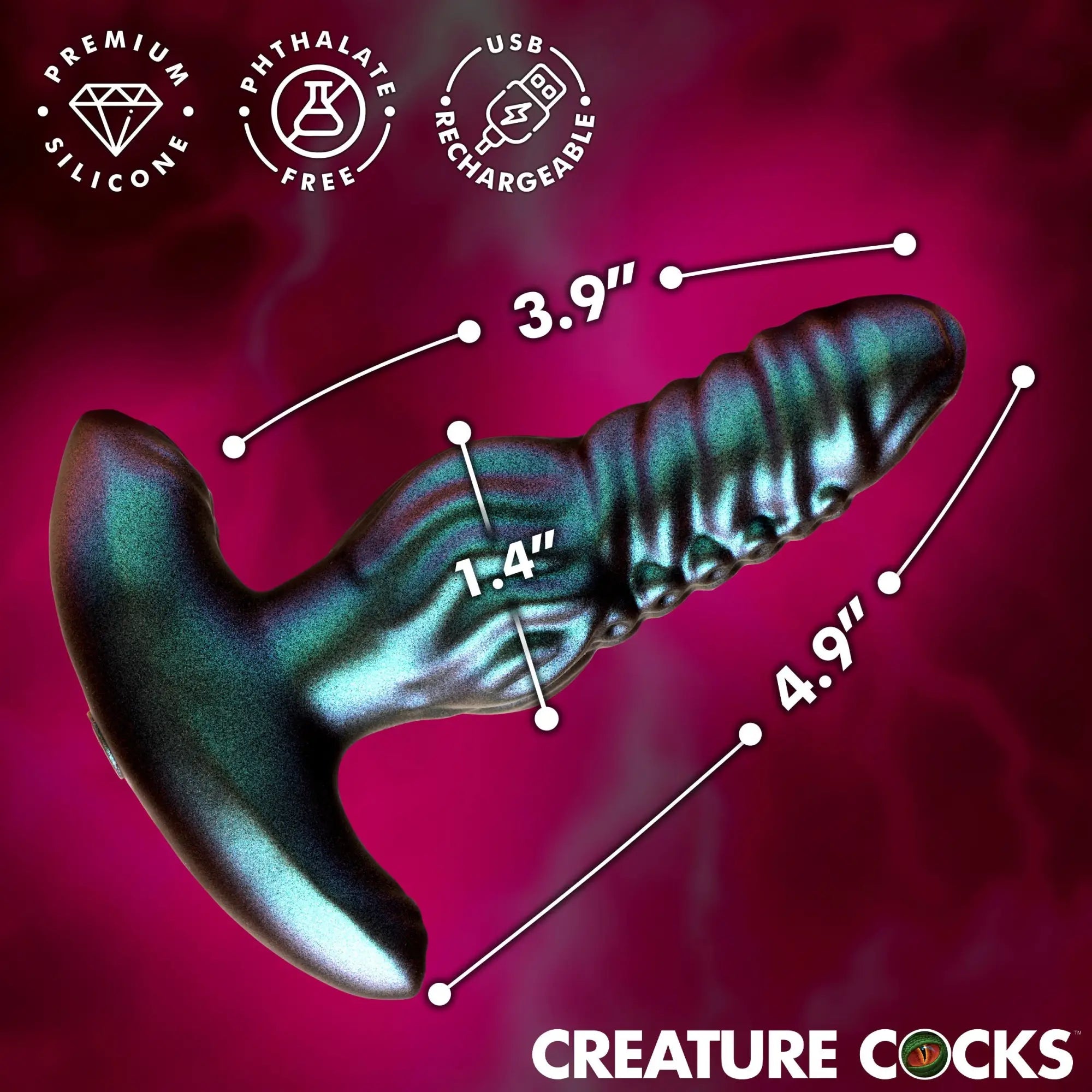 Creature Cocks Octo-Squirm iridescent silicone anal plug with measurement labels and feature icons against a pink background.