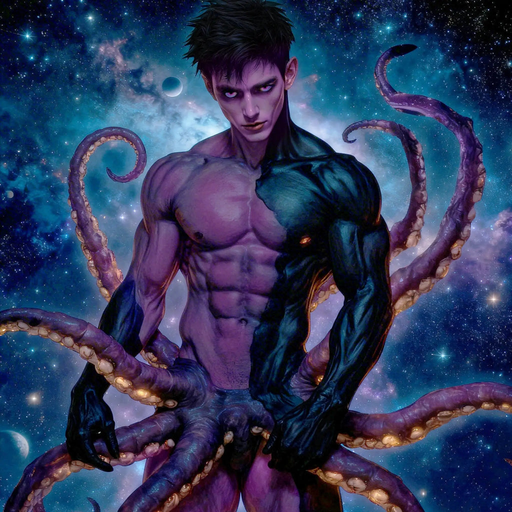 Fantasy illustration of a purple-skinned man with octopus tentacles, promoting the Creature Cocks Octo-Twist anal plug.