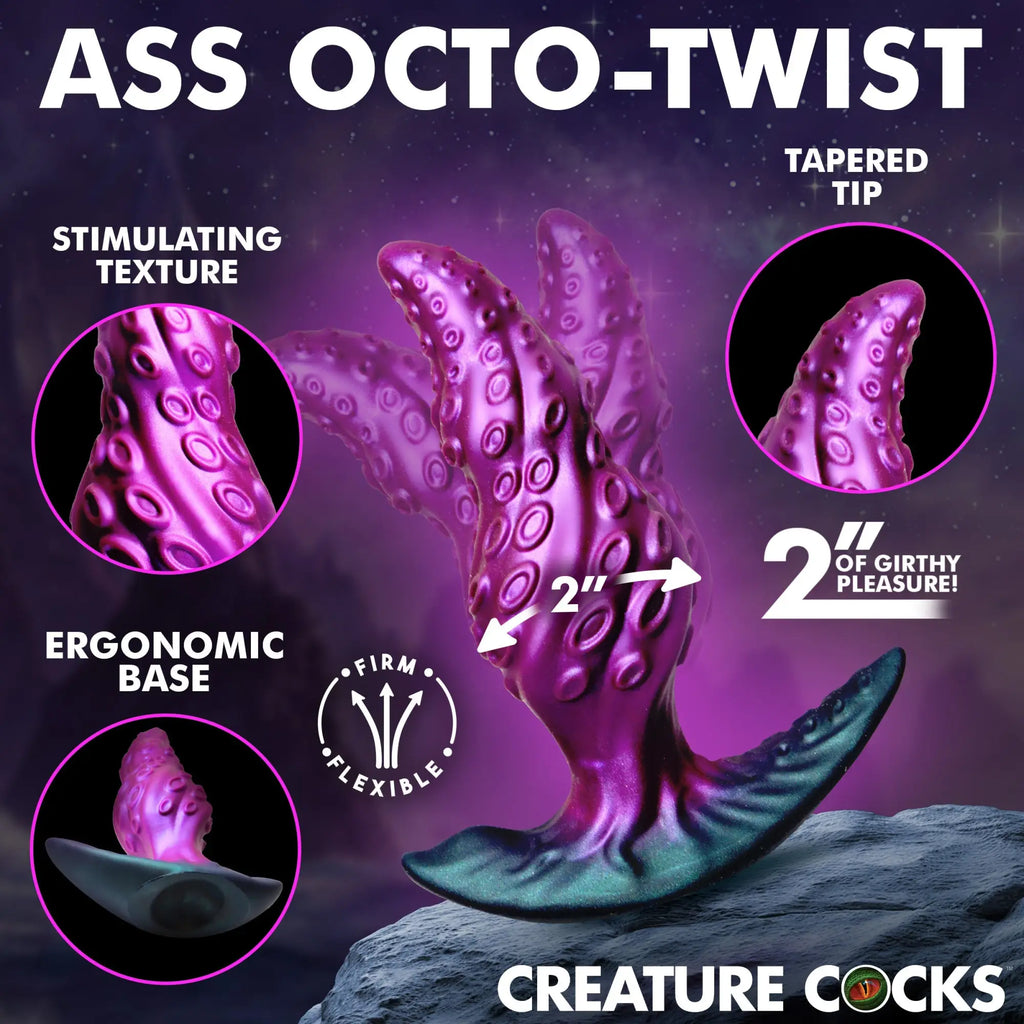 Creature Cocks Octo-Twist: A purple, tentacle-shaped silicone anal plug with suction cup base and detailed textures.