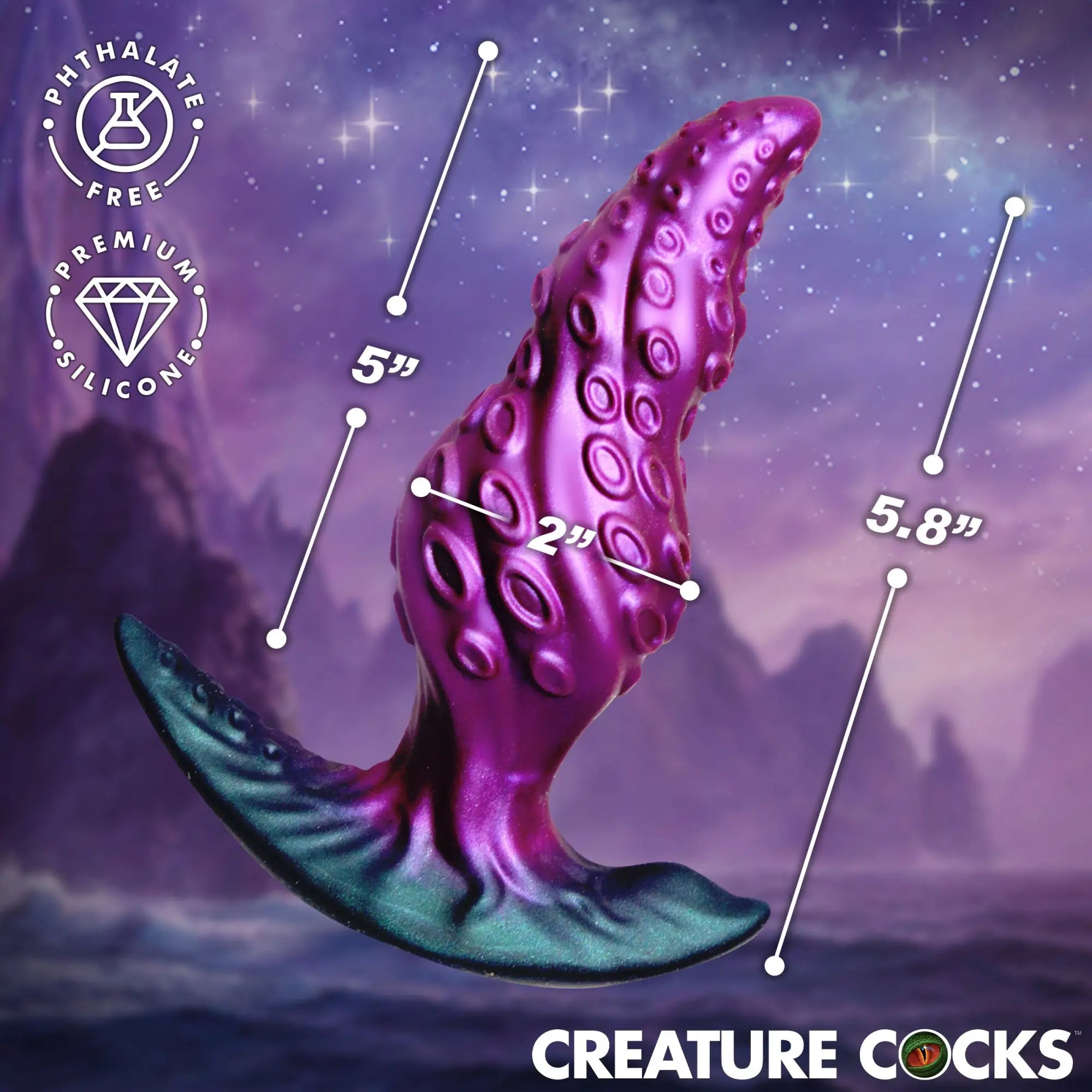 Creature Cocks Octo-Twist: A purple and teal, tentacle-shaped silicone anal plug with measurement indicators.