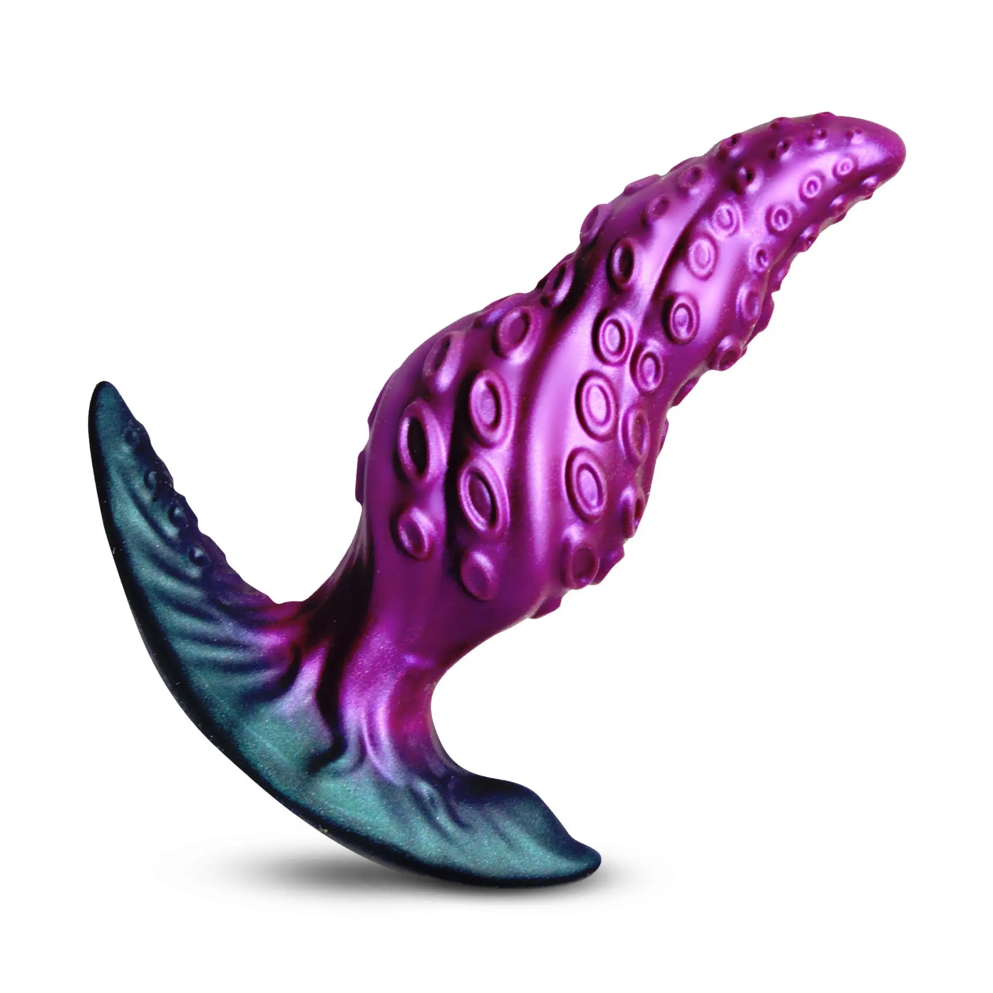 Creature Cocks Octo-Twist silicone anal plug in a shimmering, iridescent purple and teal octopus tentacle design.