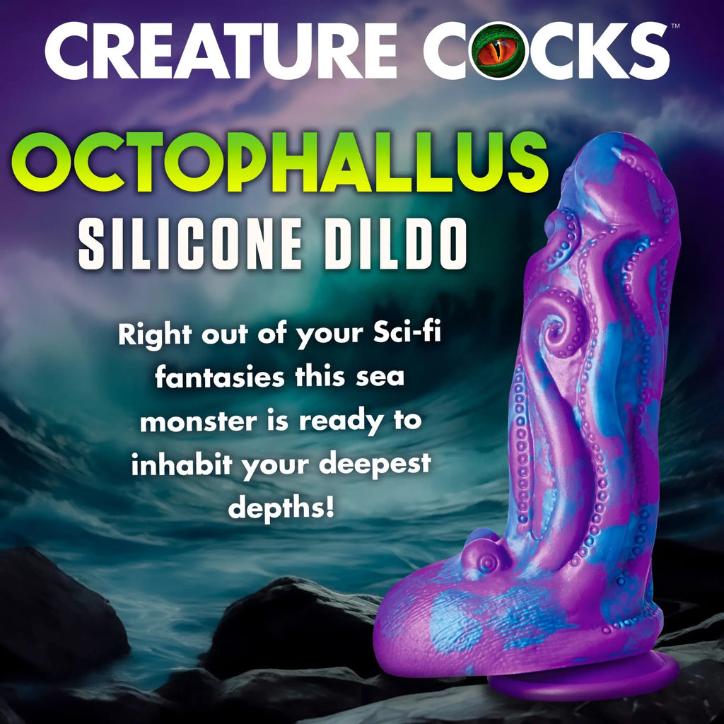 Creature Cocks Octophallus: A purple and blue octopus-tentacle textured silicone dildo against a stormy sea background.