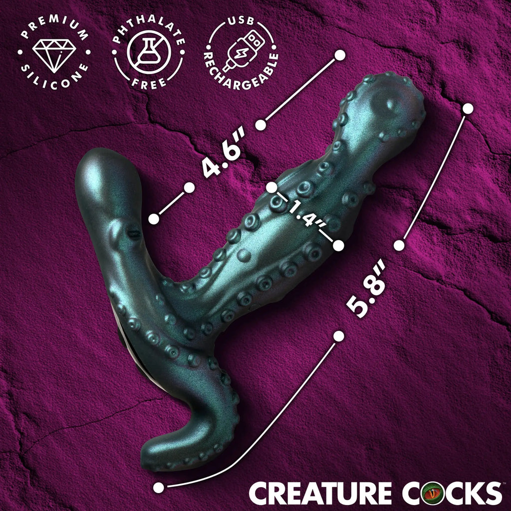 Creature Cocks Octoprobe: A teal, tentacle-styled prostate vibrator with suction cup details and dimensional markers.