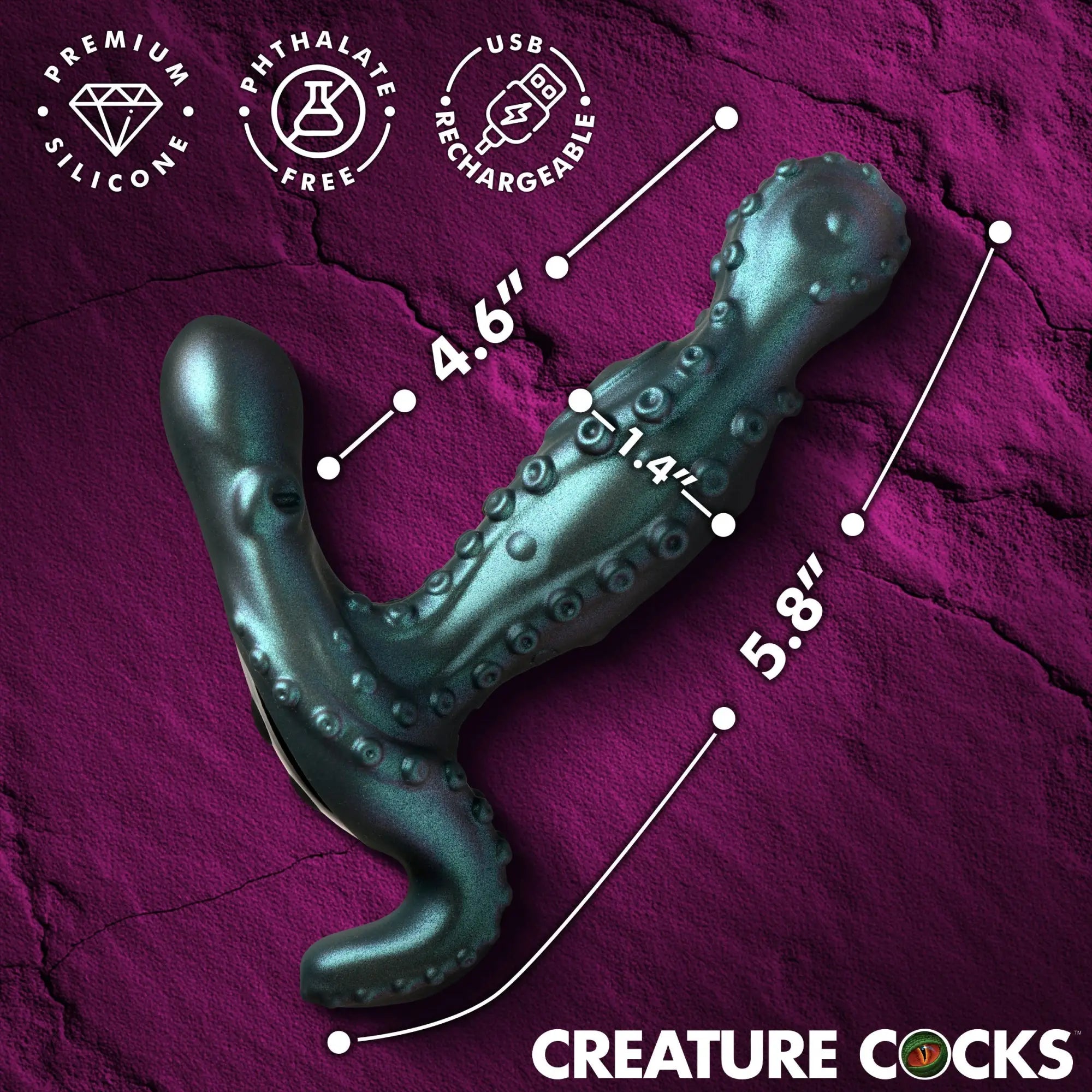 Creature Cocks Octoprobe: A teal, tentacle-styled prostate vibrator with suction cup details and dimensional markers.