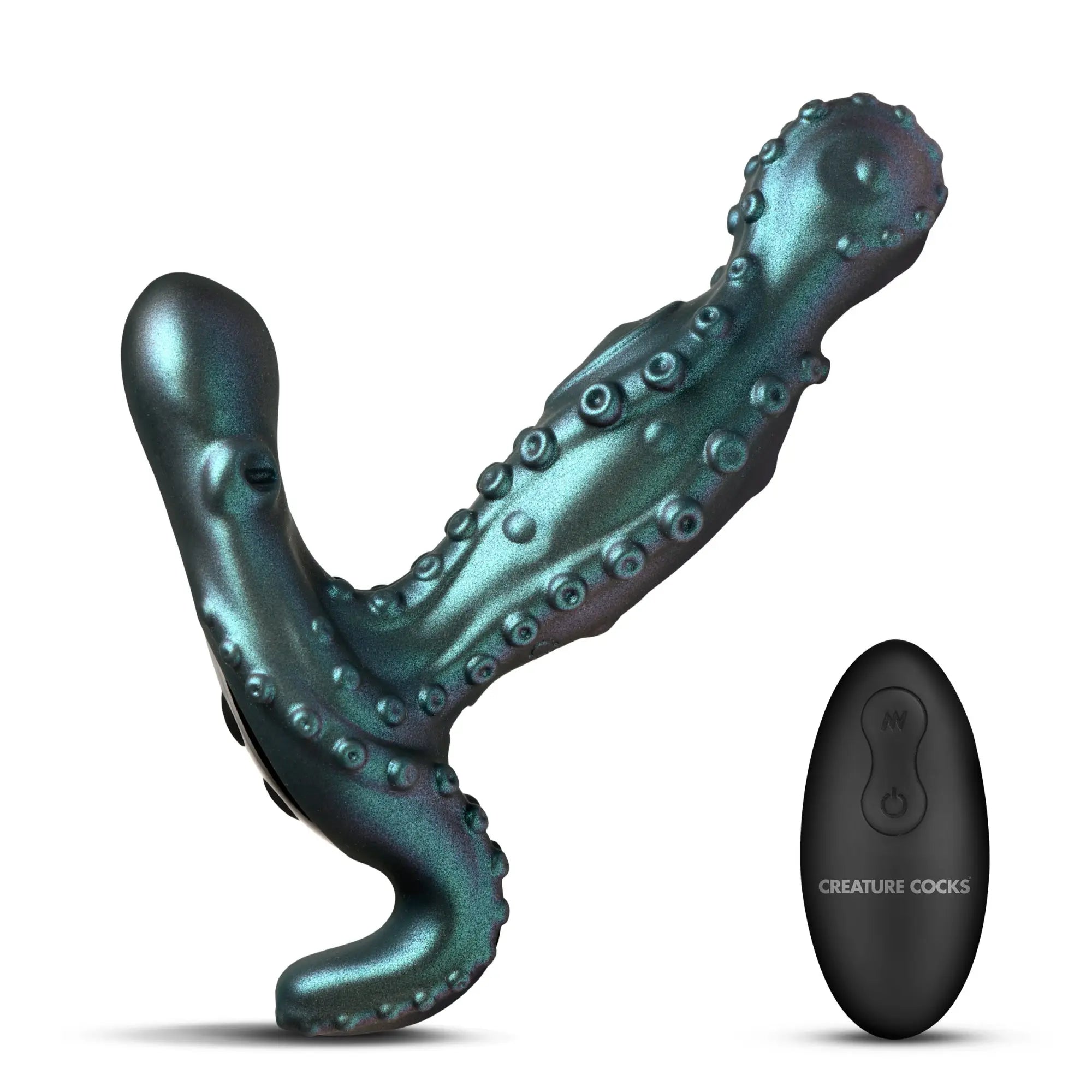 Creature Cocks Octoprobe: Metallic teal, octopus-themed prostate vibrator with textured suckers and a black remote.